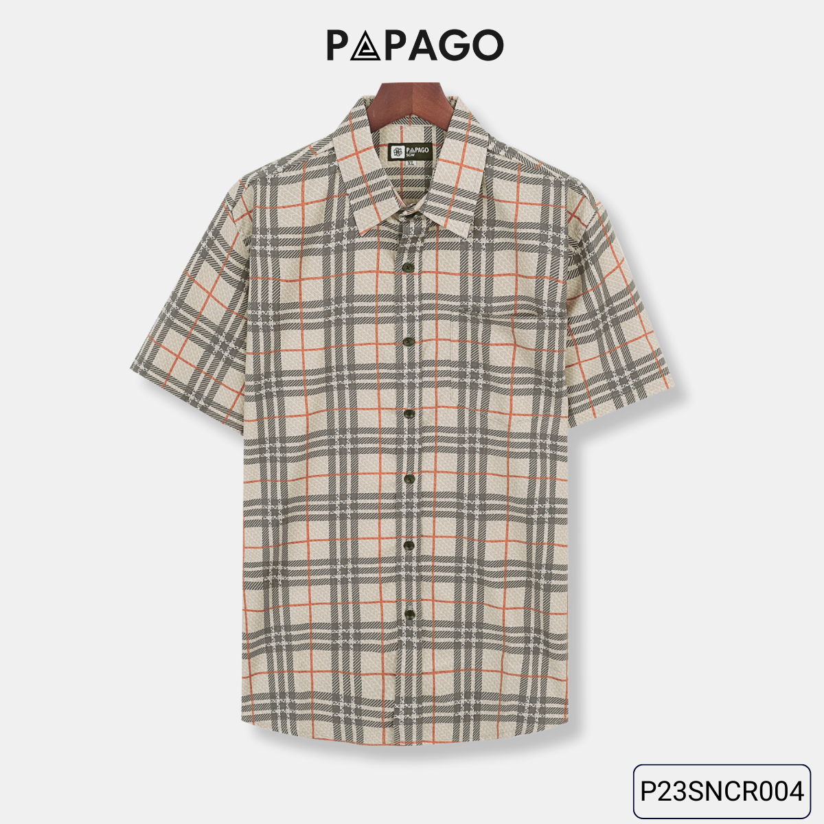 Áo sơ mi nam trung niên PAPAGO tay ngắn lai bầu vải lụa sọc caro - P23SNCR004