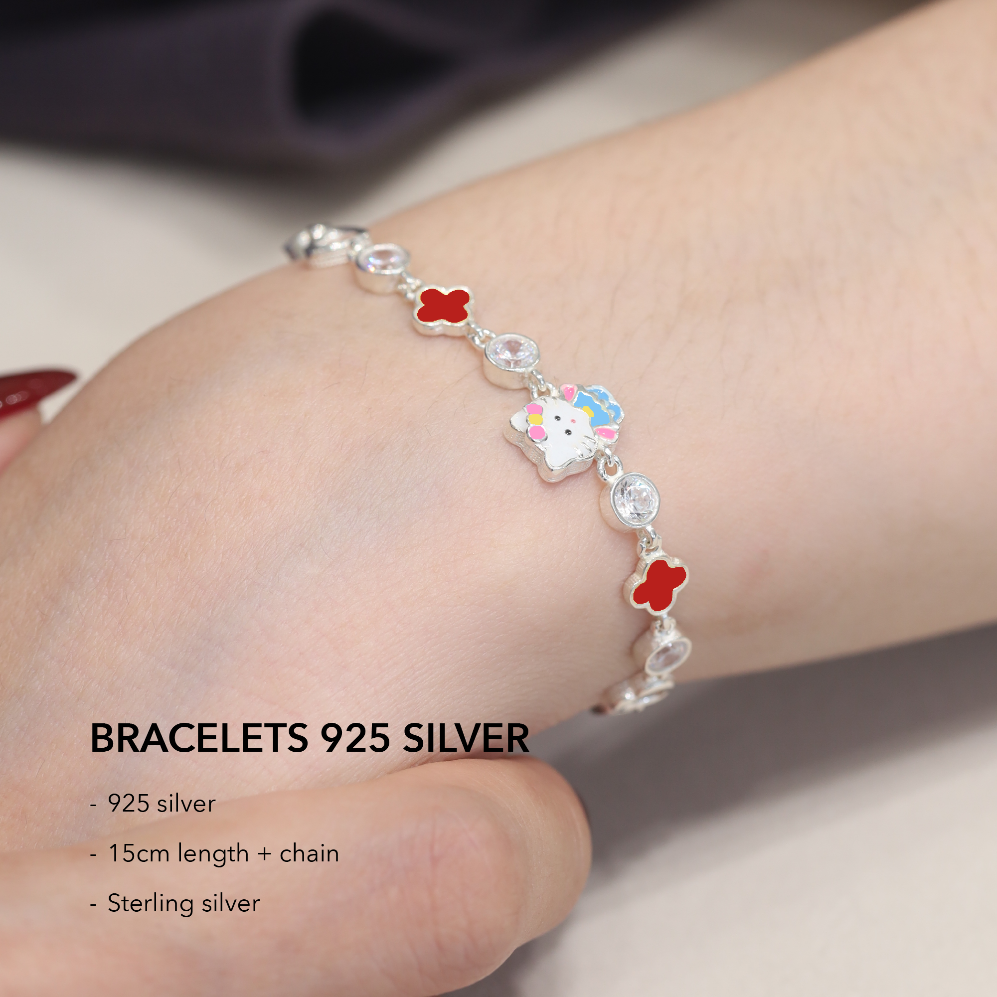 Vòng tay bạc 925 charm Hello Kitty váy xanh hoa đỏ_thumbnail_2