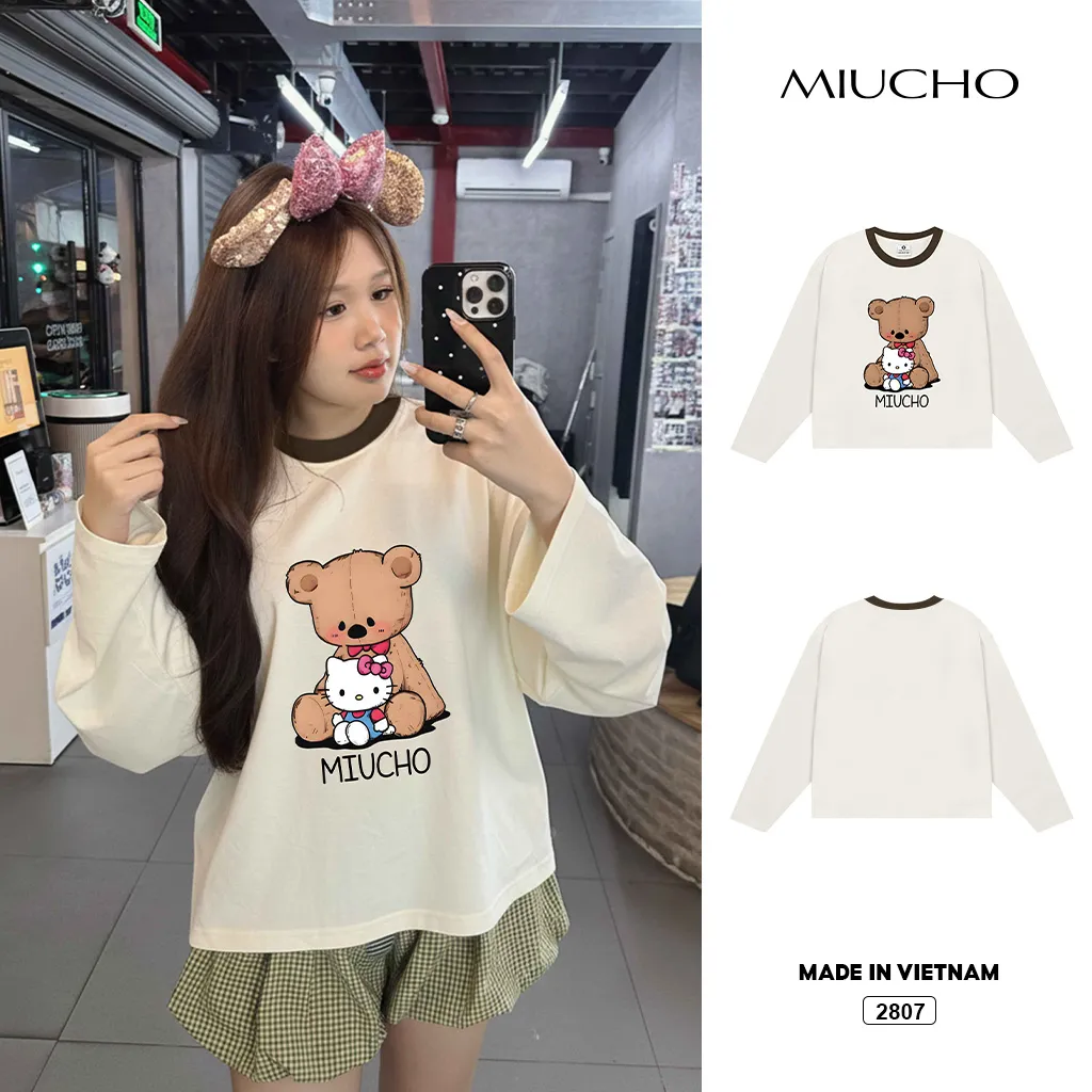 Áo thun boxy tay dài Miucho chất vải thoáng mát co giãn phối cổ mix màu Kitty Gấu nâu 2807