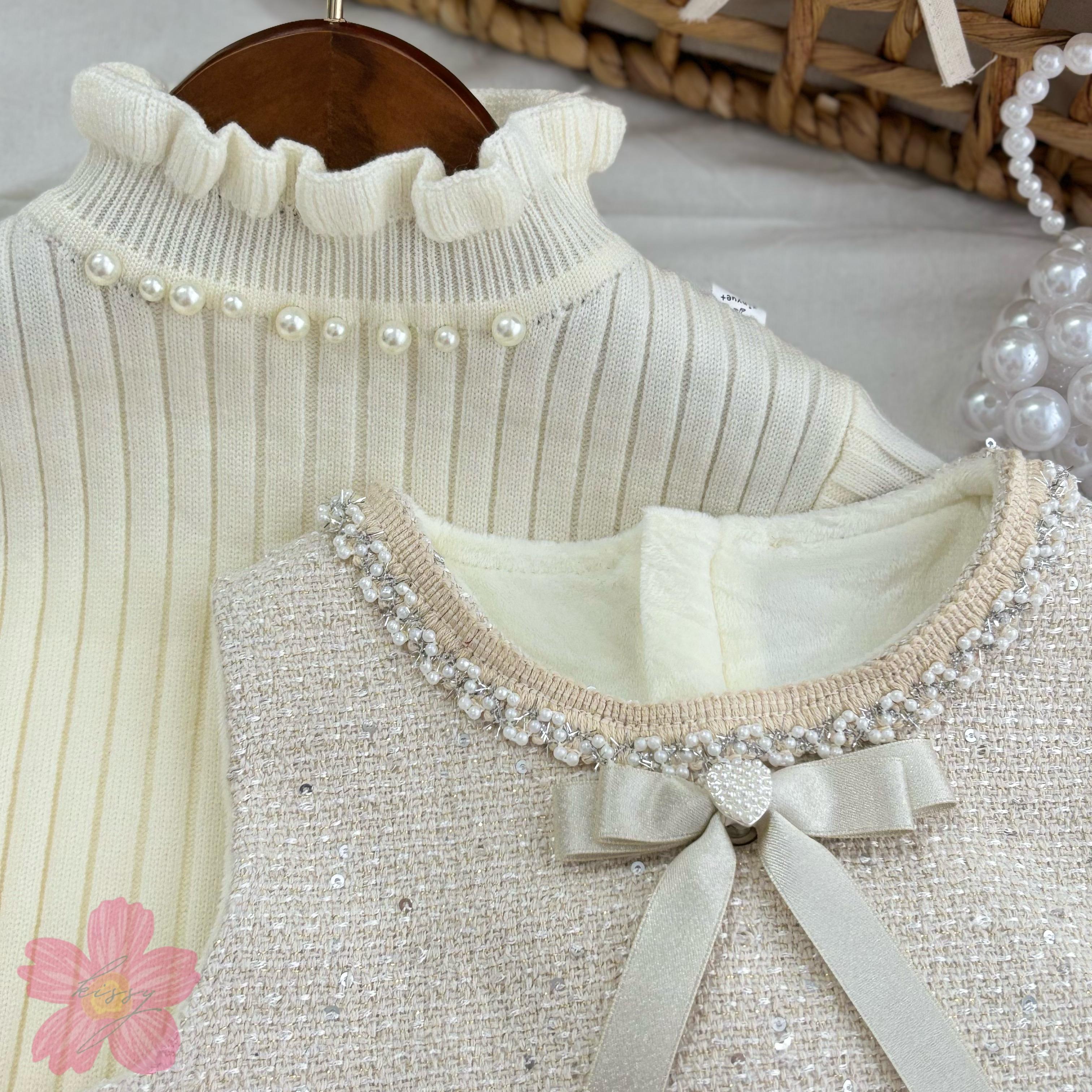 Set Váy Dạ Liền Voan Mềm Sang Chảnh Kèm Áo Len Giữ Nhiệt Mẫu Mới 2024 QCCC Dành Cho Bé Gái Sang Chảnh_thumbnail_7