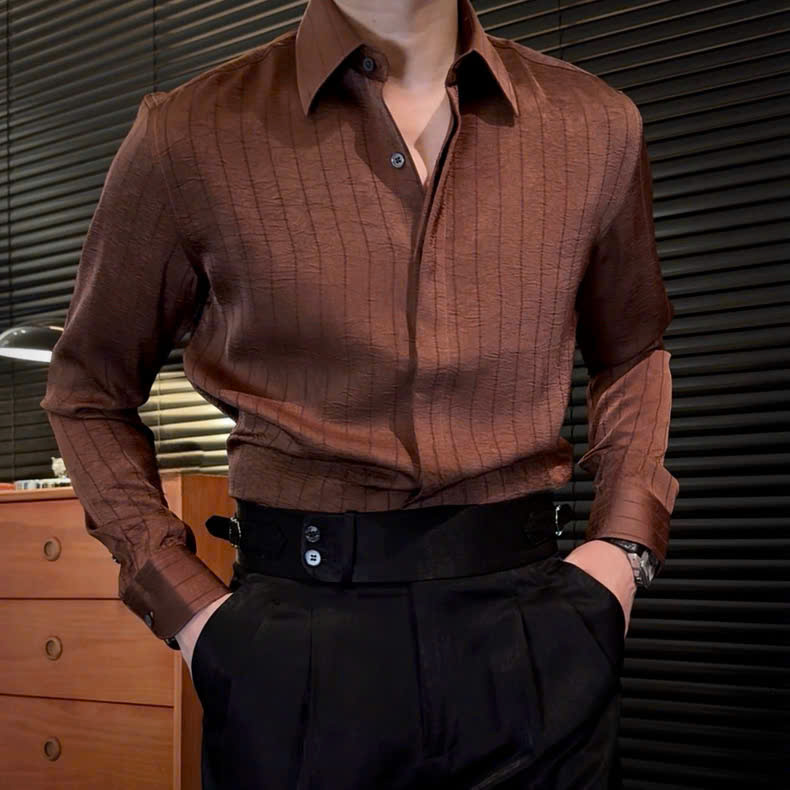 Sơ Mi Sọc Lụa Chìm Cổ Dấu Khuy_thumbnail_0