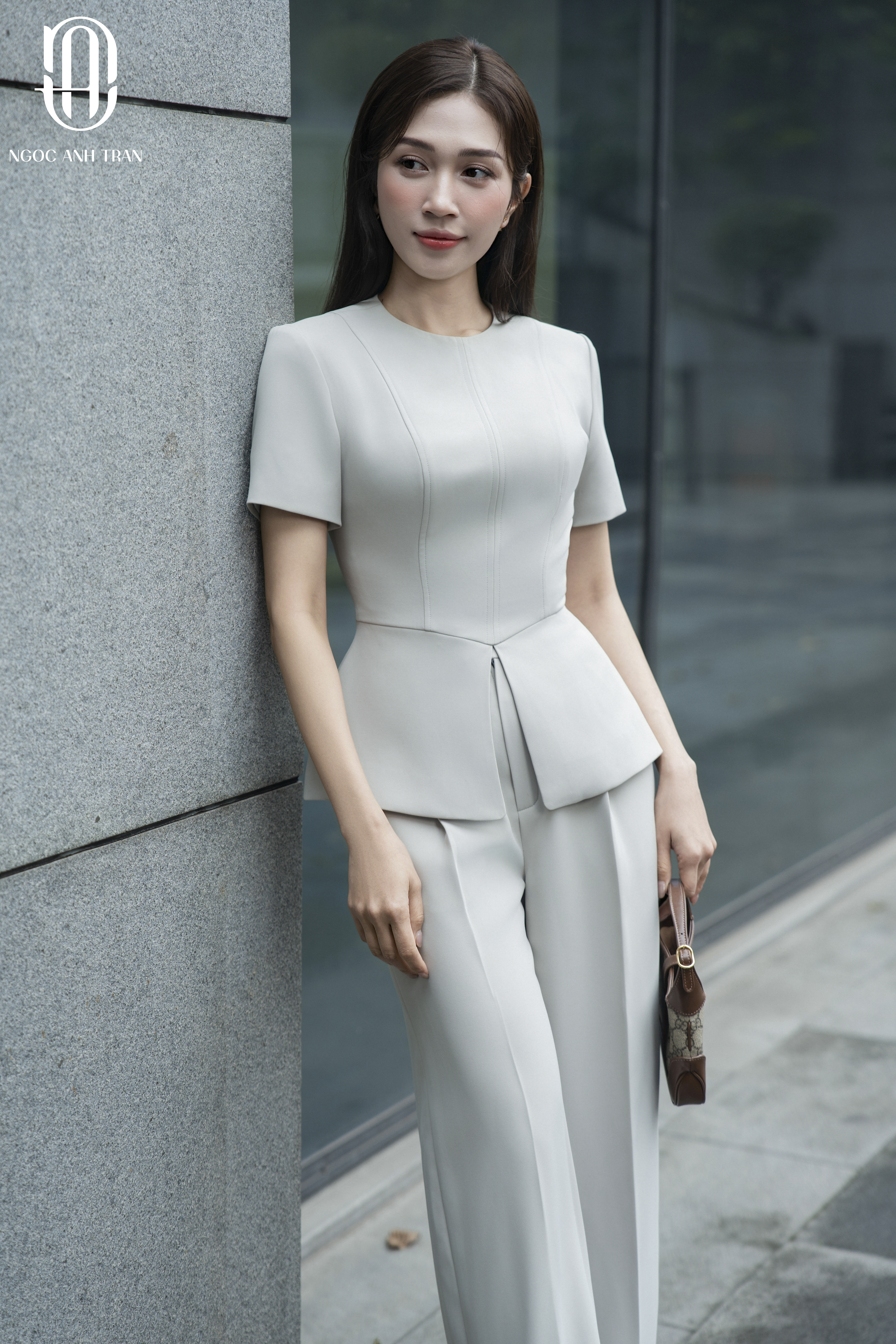 A162 - Set áo peplum quần suông màu xanh ghi