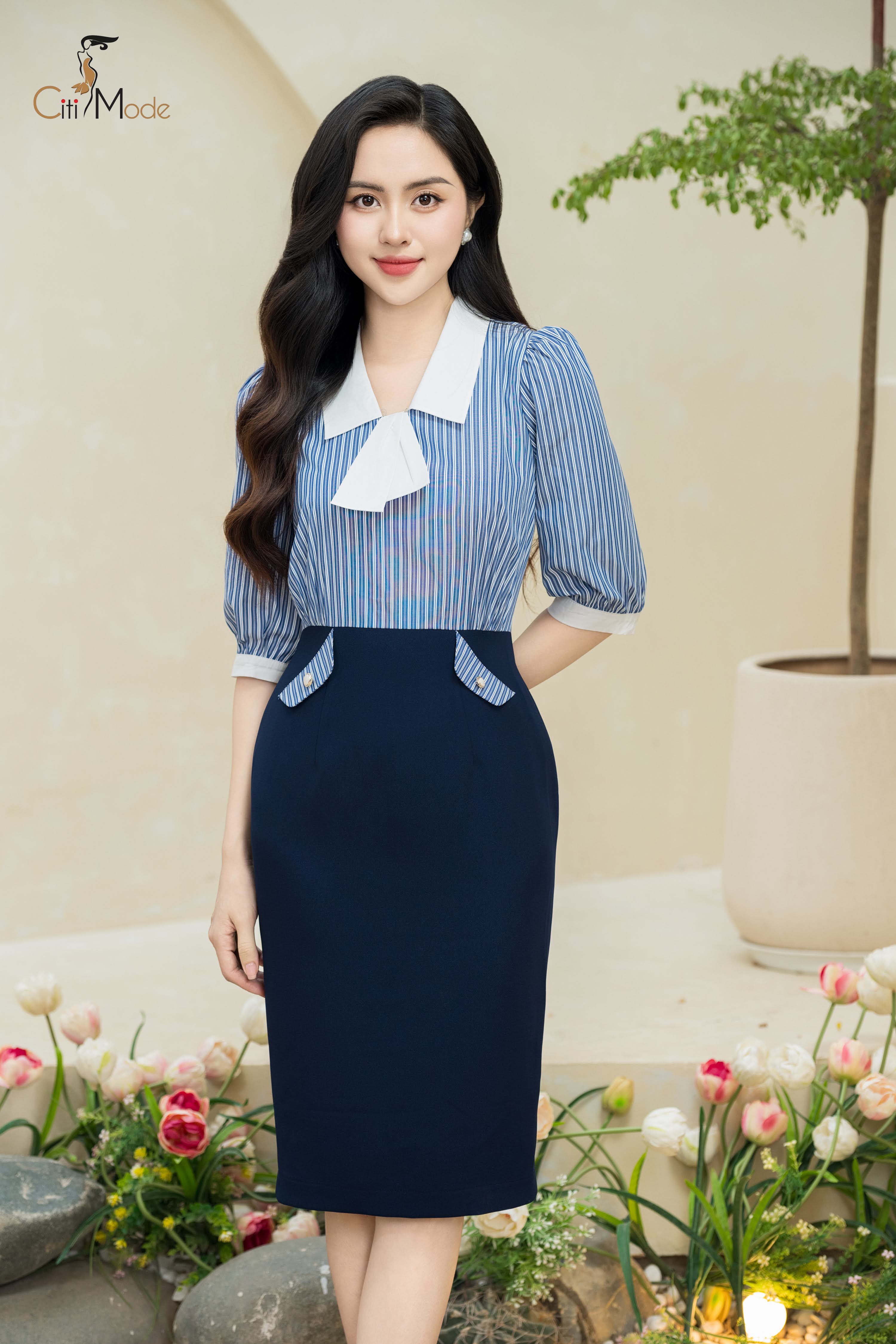 Đầm ôm kẻ xanh phối chân váy xanh_thumbnail_0
