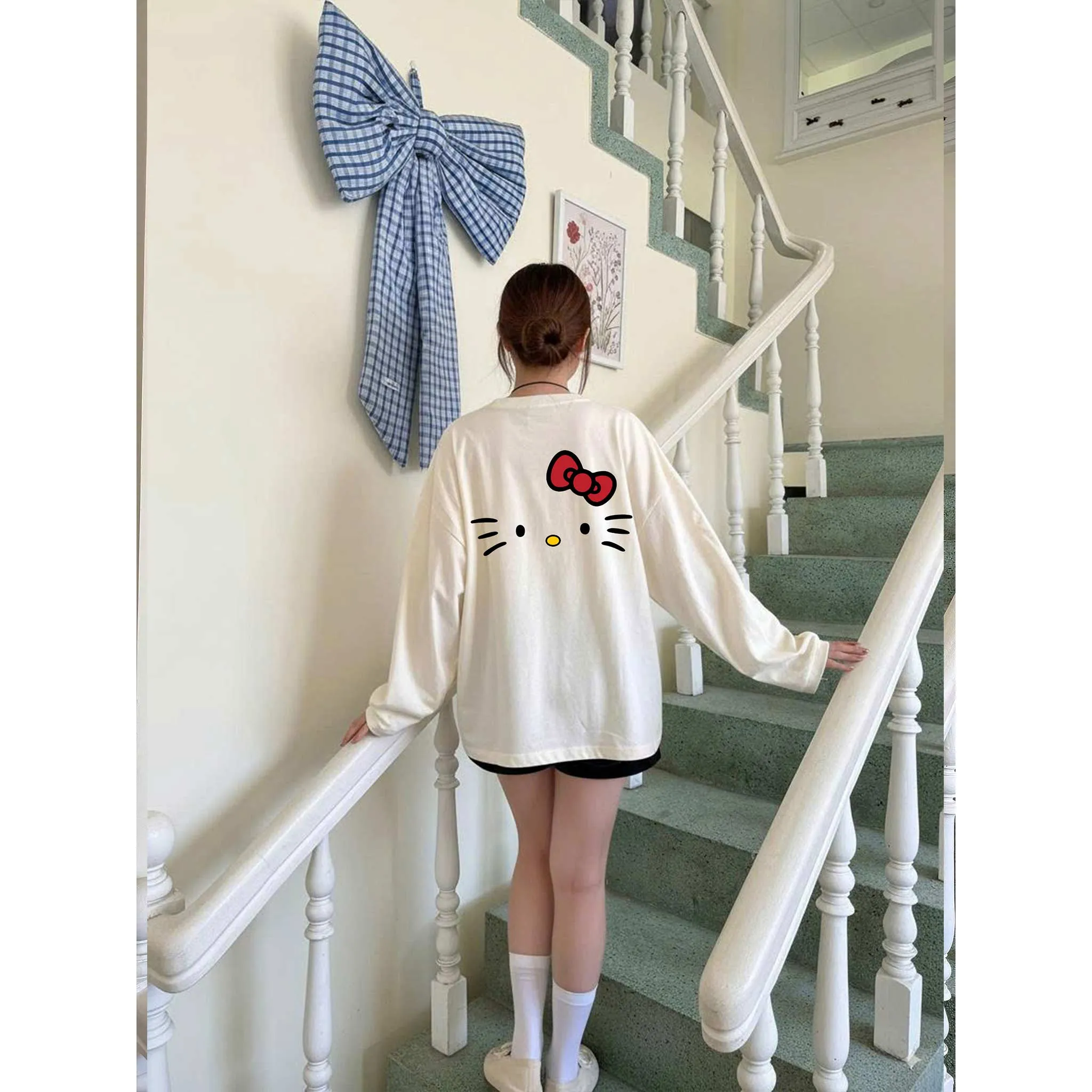 Áo thun boxy tay dài kitty dễ thương 2645 Miucho vải cotton 2c thoáng mát cổ tròn in mix_thumbnail_2