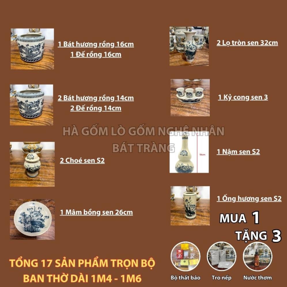 HG116 Đồ Thờ Cúng Bộ 17 món ban thờ 1M4 - 1M6 men rạn trơn nghệ nhân Bát Tràng chế tác TẶNG Thất Bảo, Tro Nếp_thumbnail_1