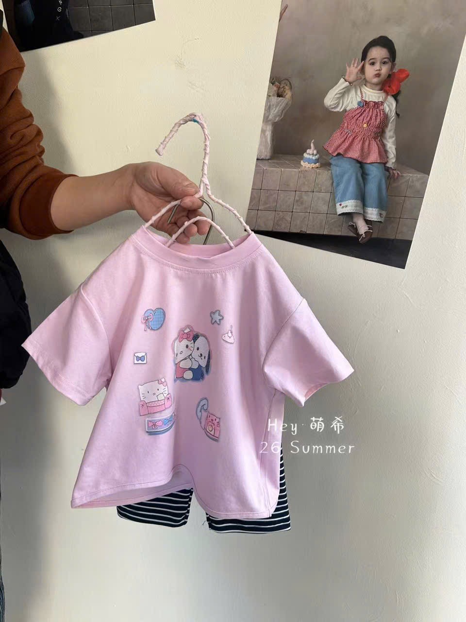 (E153) Set áo thun cộc tay hồng mix quần kẻ đen