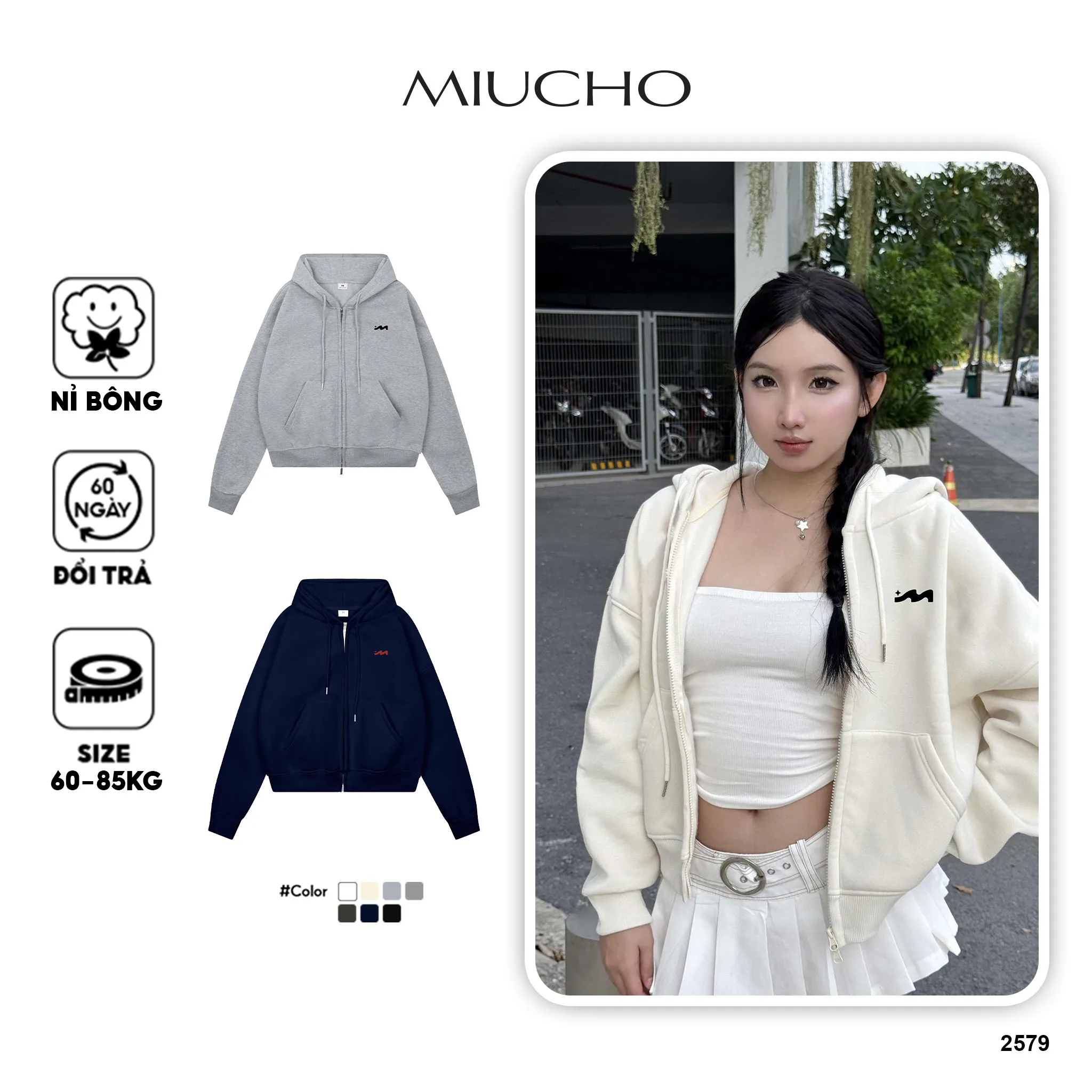Áo hoodie zip form boxy basic 2579 Miucho chất vải nỉ bông thoáng mát mềm mại có nón_thumbnail_1