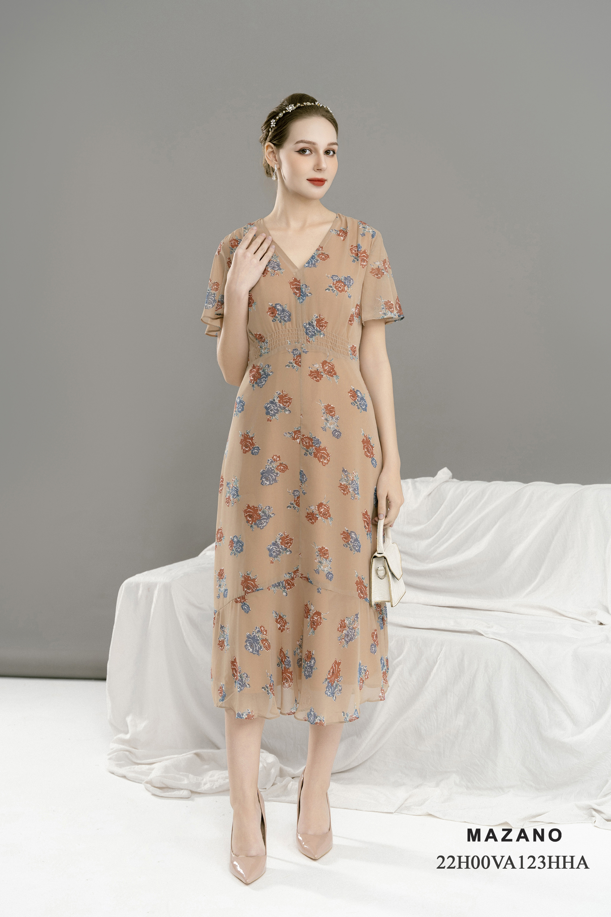 Váy Đầm Ôm Vải voan mỏng Hoạ tiết hoa cách điệu Cổ V Tay ngắn Dài qua bắp chân