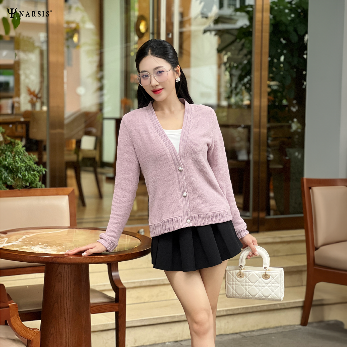ÁO CARDIGAN NỮ NARSIS DÁNG NGẮN CHẤT LIỆU LEN MỀM MỊN MÀU TÍM NHẠT PHONG CÁCH HÀN QUỐC L23029 NAR...