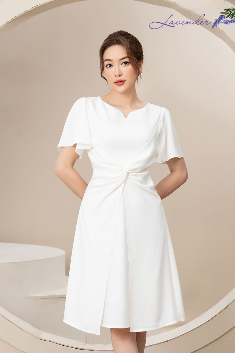 Đầm xòe công sở Thời trang Lavender cổ xẻ xoắn eo tay bèo chất co giãn D2433