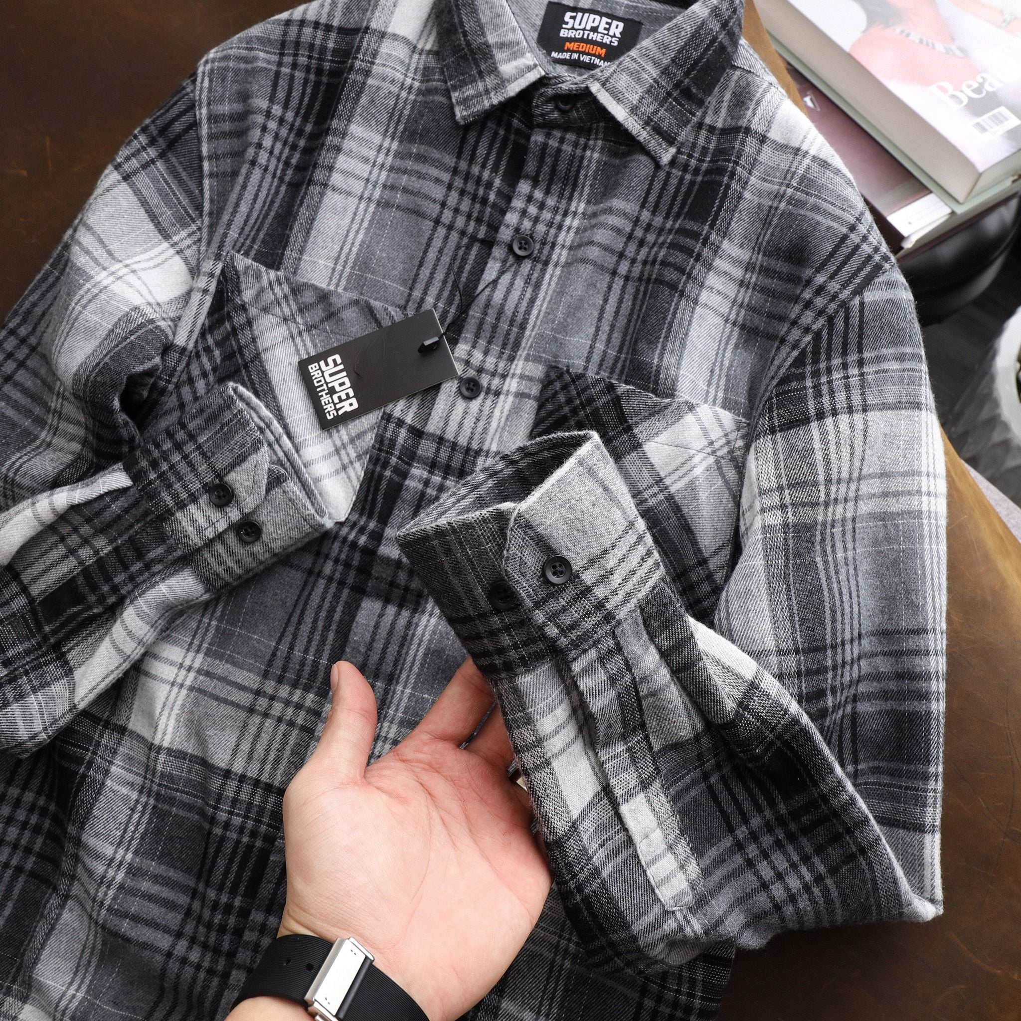 Áo Sơ Mi Super Brother FLANNEL Cotton Cá Sấu Logo Thêu Màu Xám