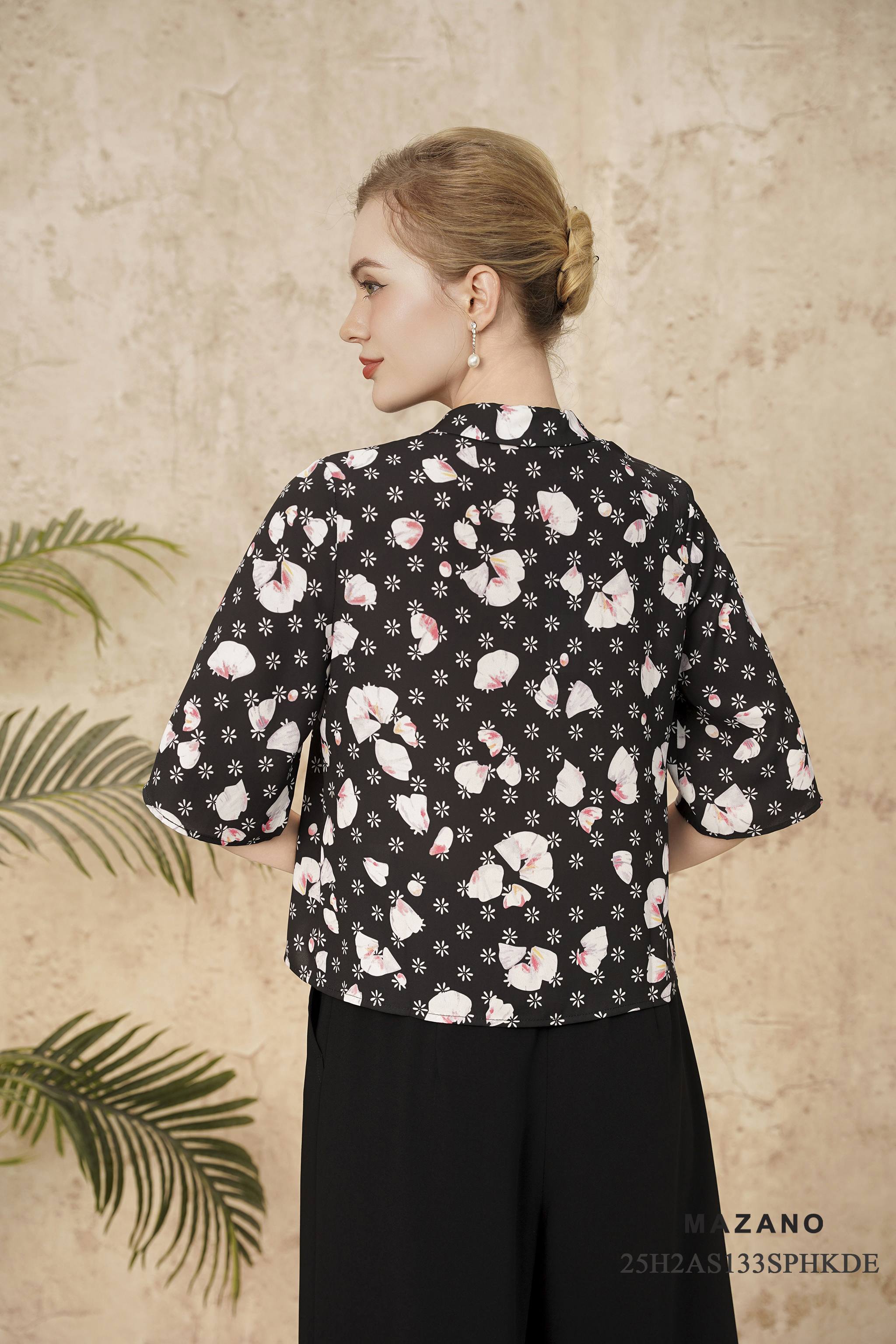 Áo sơ mi suông cài khuy Vải thô mỏng Họa tiết cách điệu Cổ bẻ Tay lỡ Dài áo qua eo_thumbnail_3