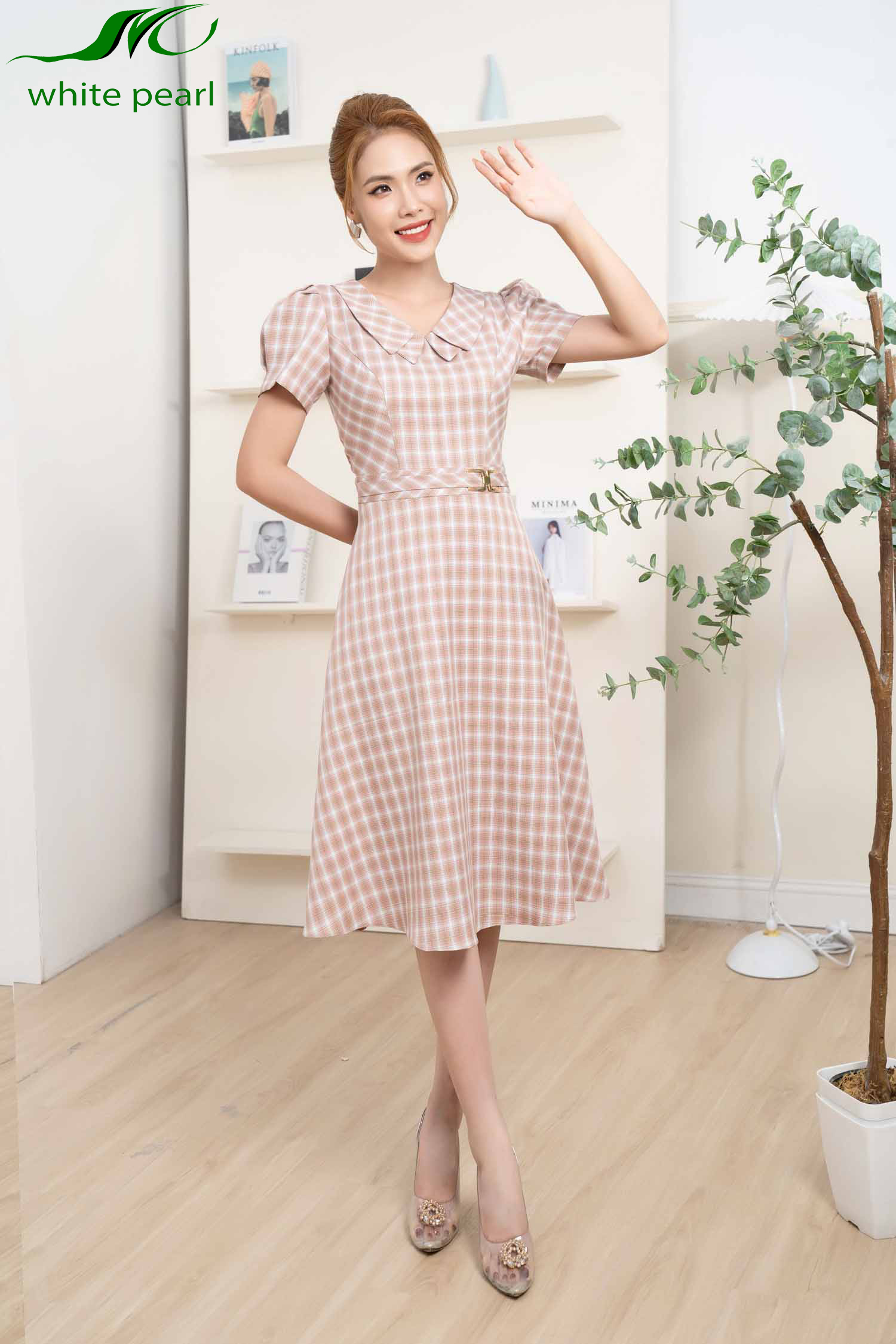 Đầm sen vuông 2 lá kẻ thời trang công sở cao cấp White Pearl_thumbnail_7