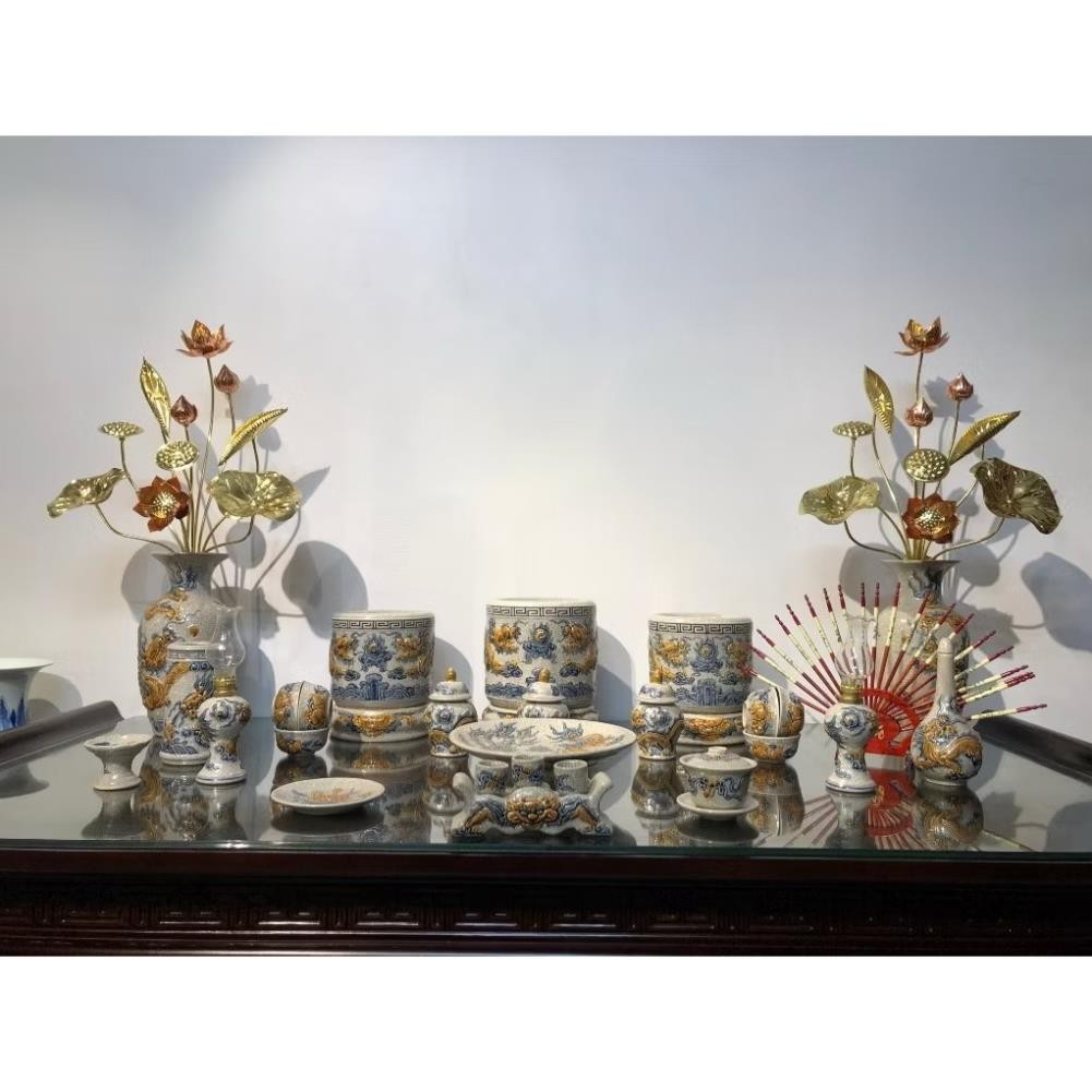 HG025 Đồ Thờ Cúng Bộ 17 món ban thờ 1M2 - 1M4 men rạn nổi nghệ nhân Bát Tràng chế tác TẶNG Thất Bảo, Tro Nếp_thumbnail_6