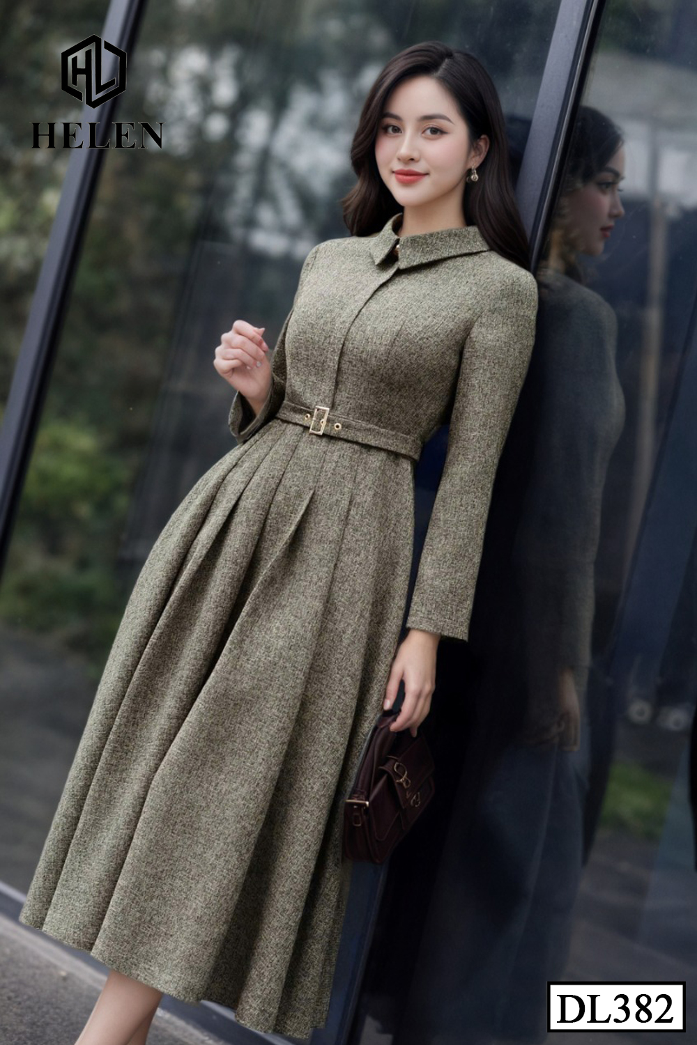 Đầm dạ xòe màu nâu rêu cổ đức + kèm đai DL382