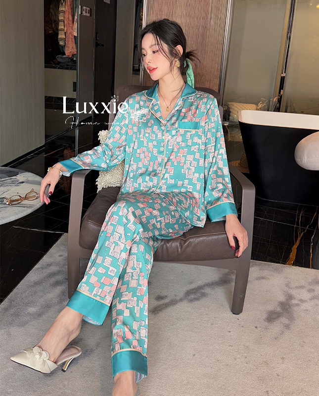 N127 Pijama lụa hình khối dài tay