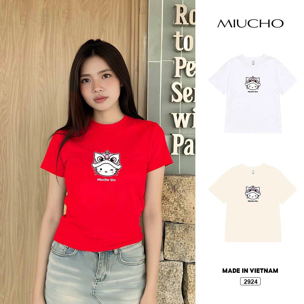 Áo thun Tết form baby tee nữ Miucho vải cotton co giãn thoáng mát hình Kỳ Lân in mix 2924