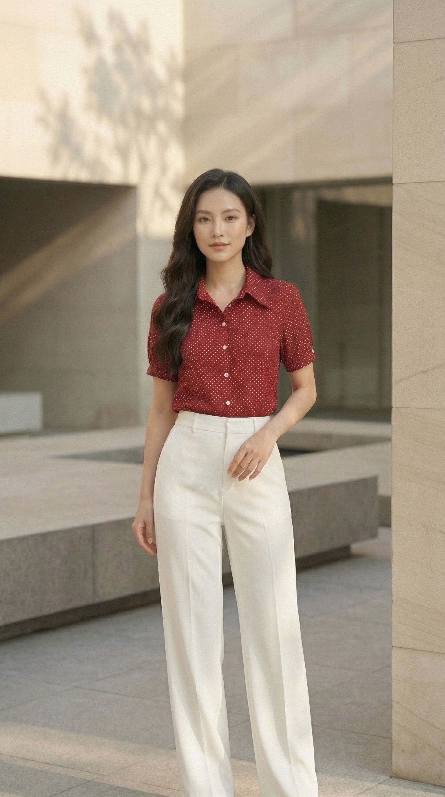 Áo sơ mi công sở TRALI 25106 chấm bi đỏ