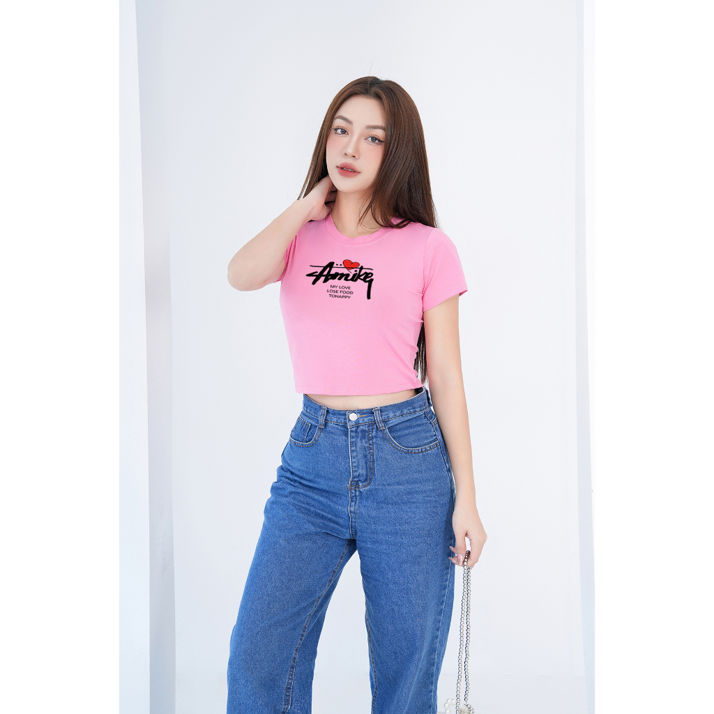 [Form ôm] Áo croptop nữ in chữ Amikq - Áo thun dáng croptop slim fit - LOZA CR6385_thumbnail_1
