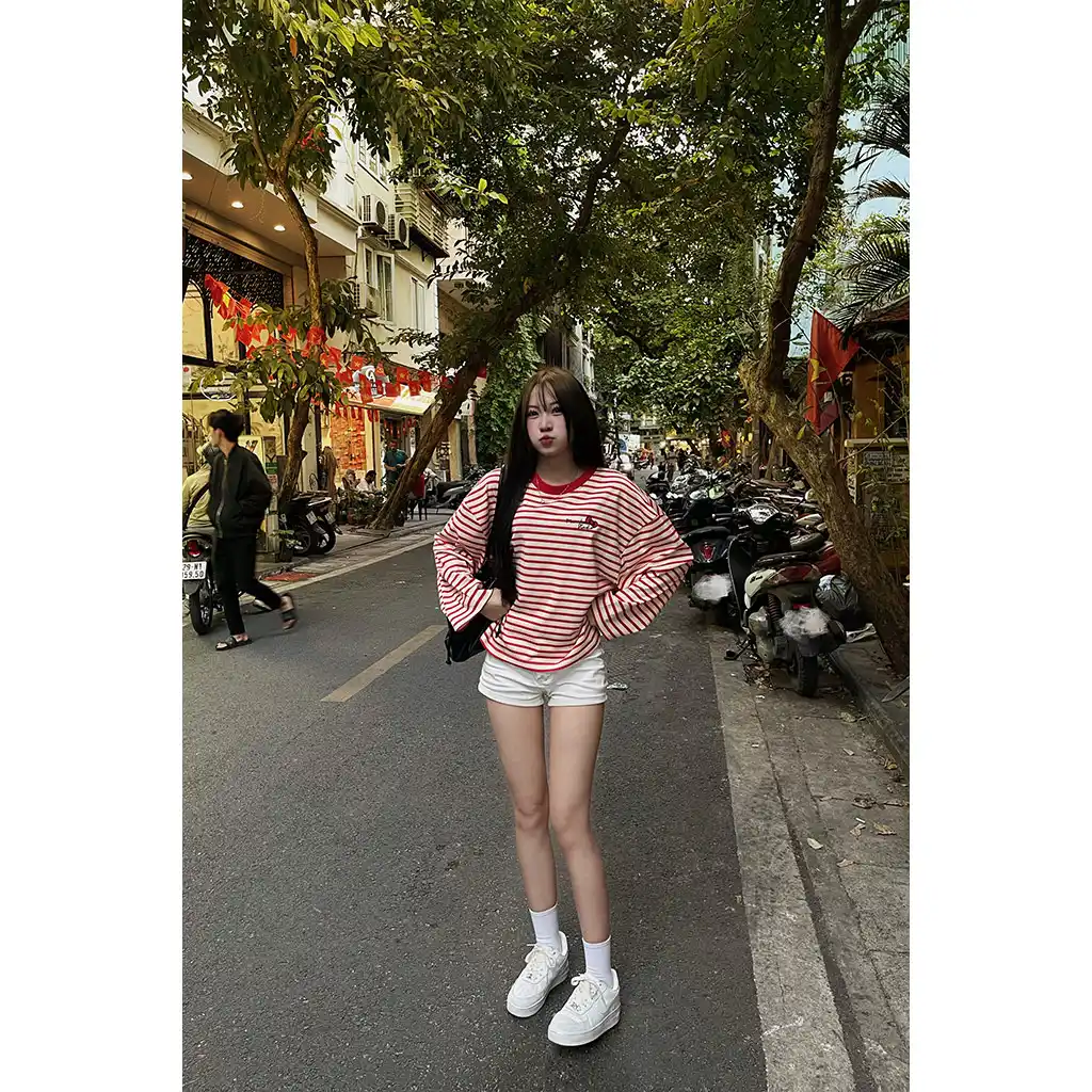 Áo thun boxy tay dài Miucho vải rib thoáng mát mềm mại co giãn tốt cổ tròn kẻ sọc kitty in mix 2691_thumbnail_6