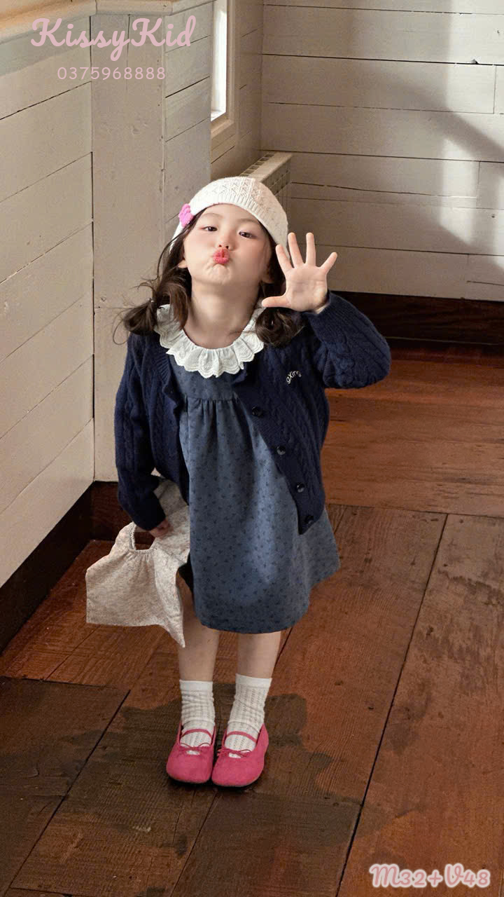 (V48) Váy chấm bi xanh than cổ bèo Xing Xing