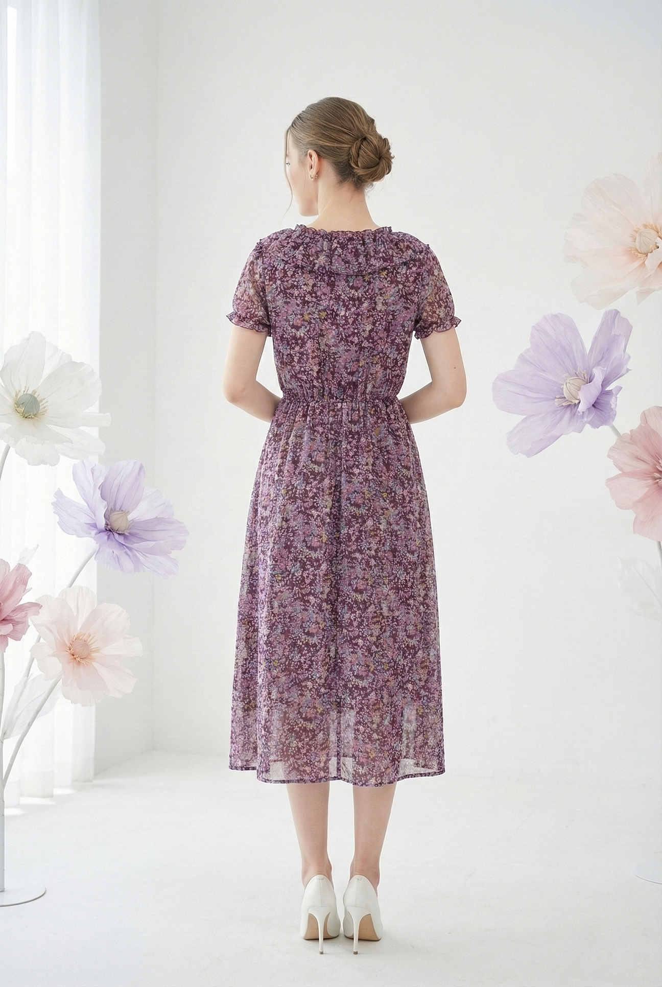 Đầm vải voan in hoa nhí tím dáng ôm chân rủ cổ tròn rộng phối bèo tay ngắn thiết kế MAZANO_thumbnail_4