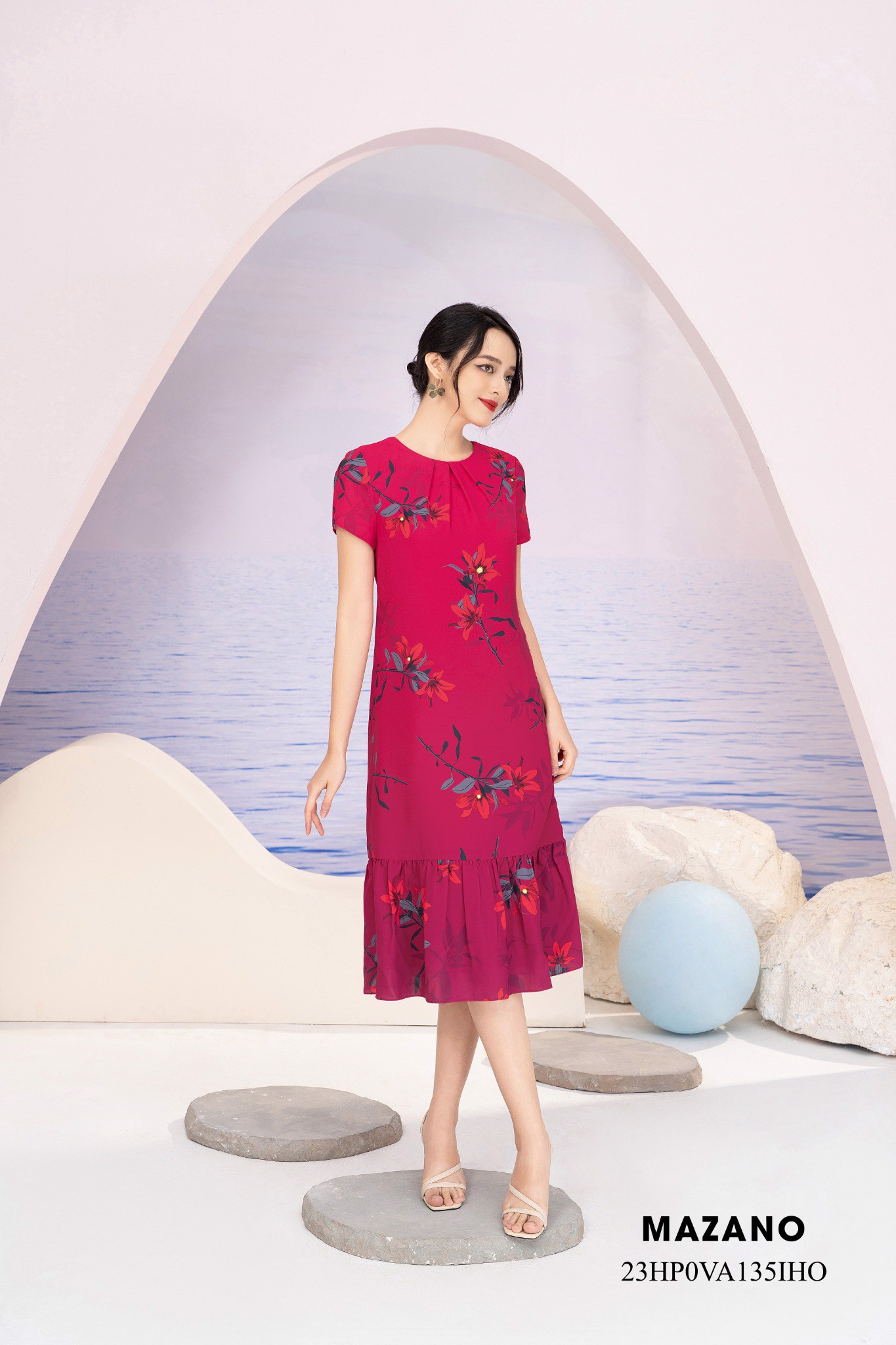 Váy Đầm suông Vải thô mỏng Họa tiết hoa in ombre Chân phối bèo Cổ tròn Tay ngắn Dài đến bắp chân