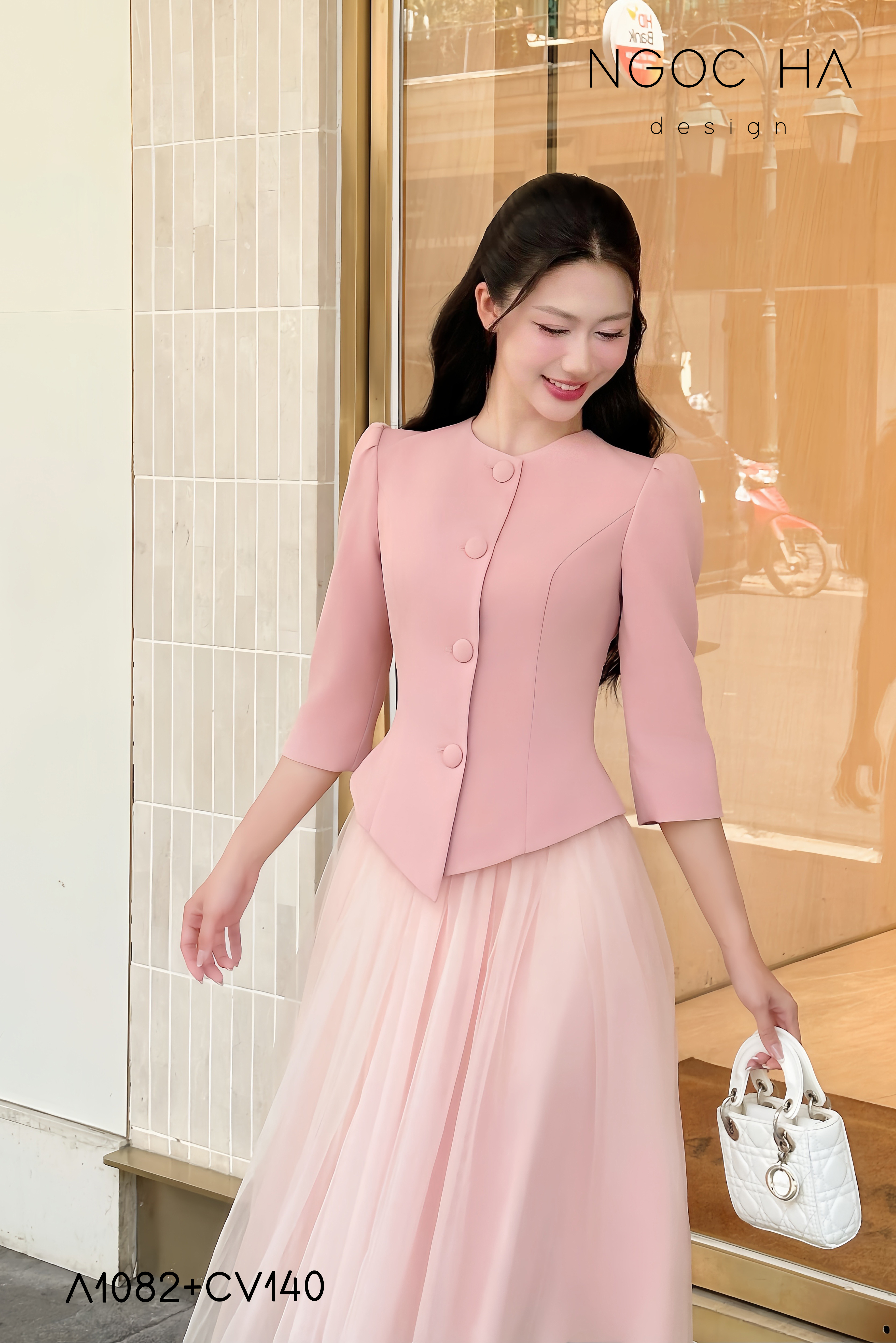 Lily_ Áo Vest Cổ Tròn Tay Lừng Mix Chân Váy Lưới Màu Hồng A1082+CV140_thumbnail_2