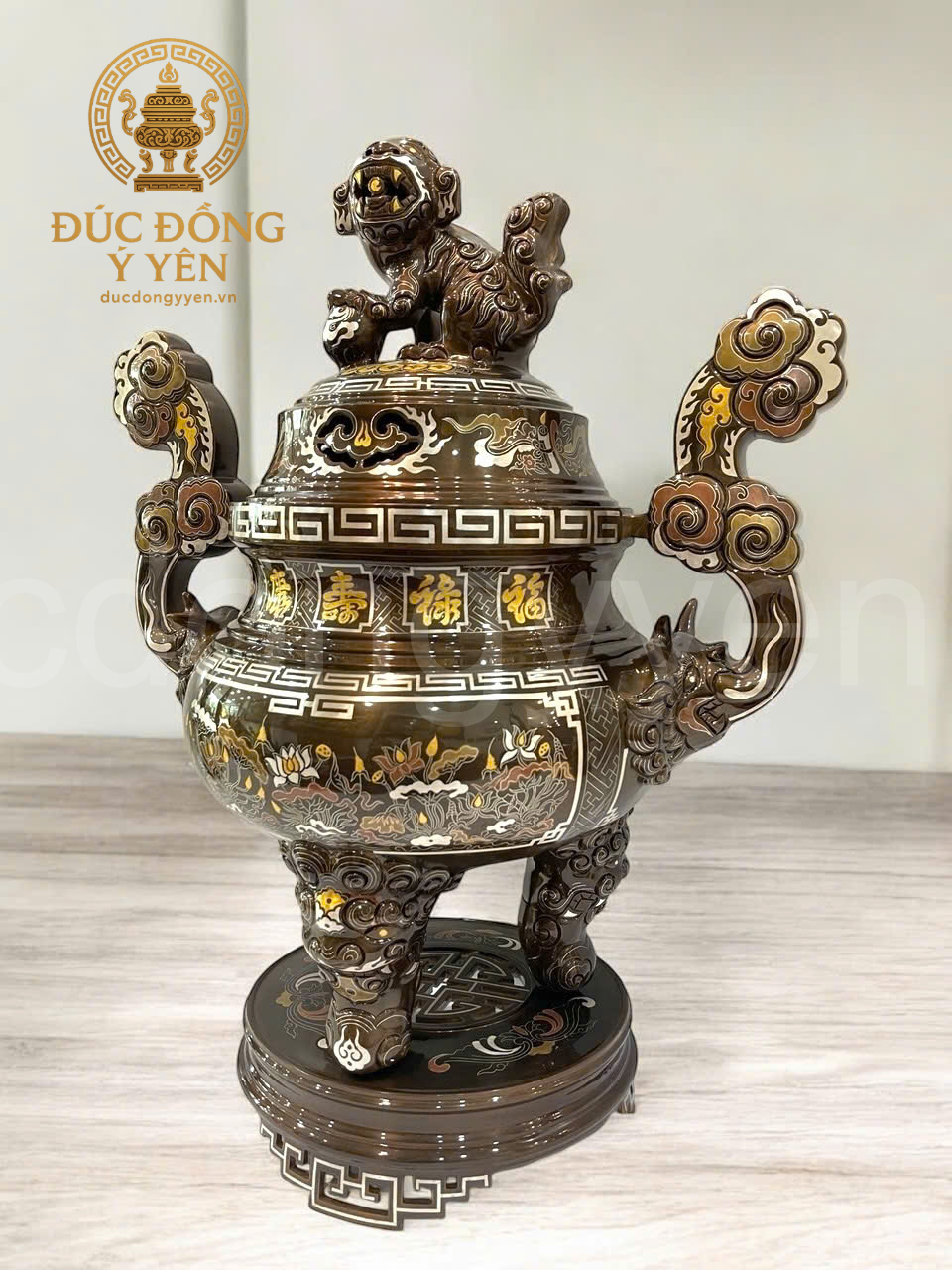 Bộ ngũ sự cao 60cm khảm ngũ sắc hoa văn khảm sen sắc nét_thumbnail_1