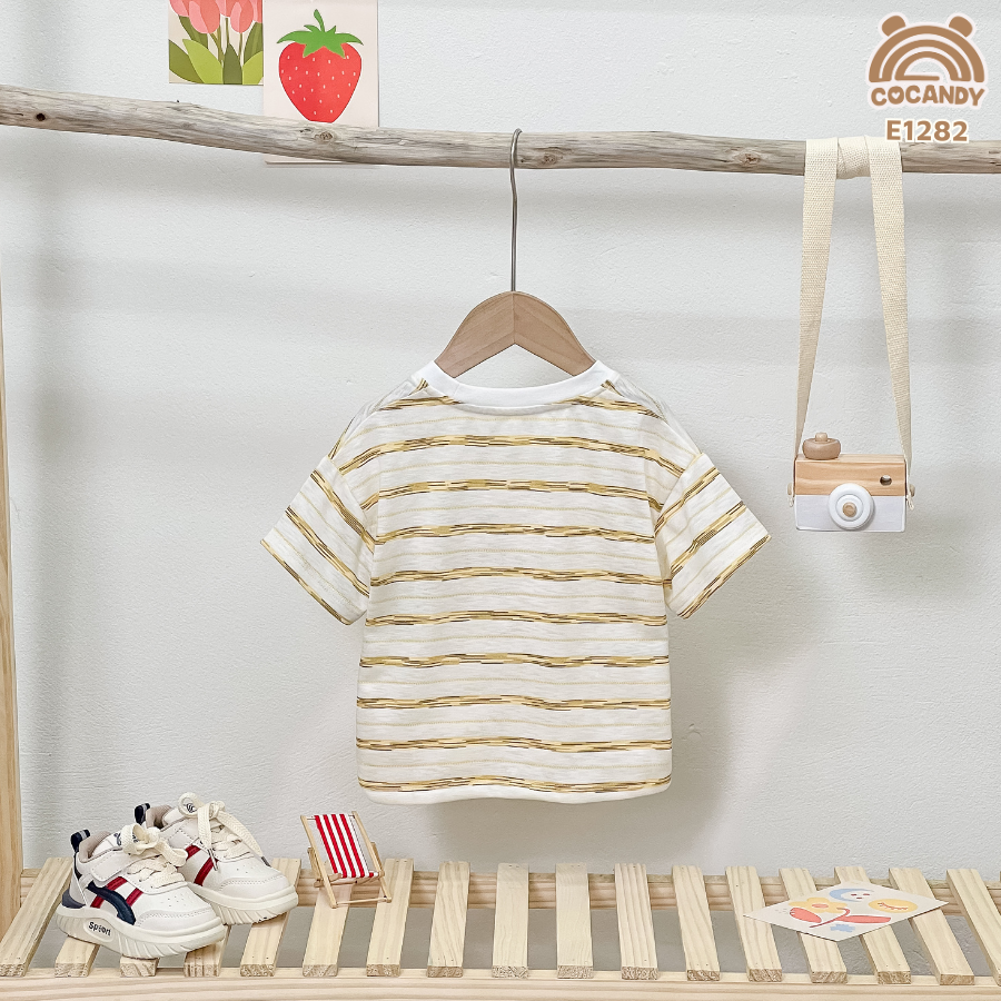 Áo cộc cotton kẻ VÀNG BE phối túi ngực hòm thư_thumbnail_2