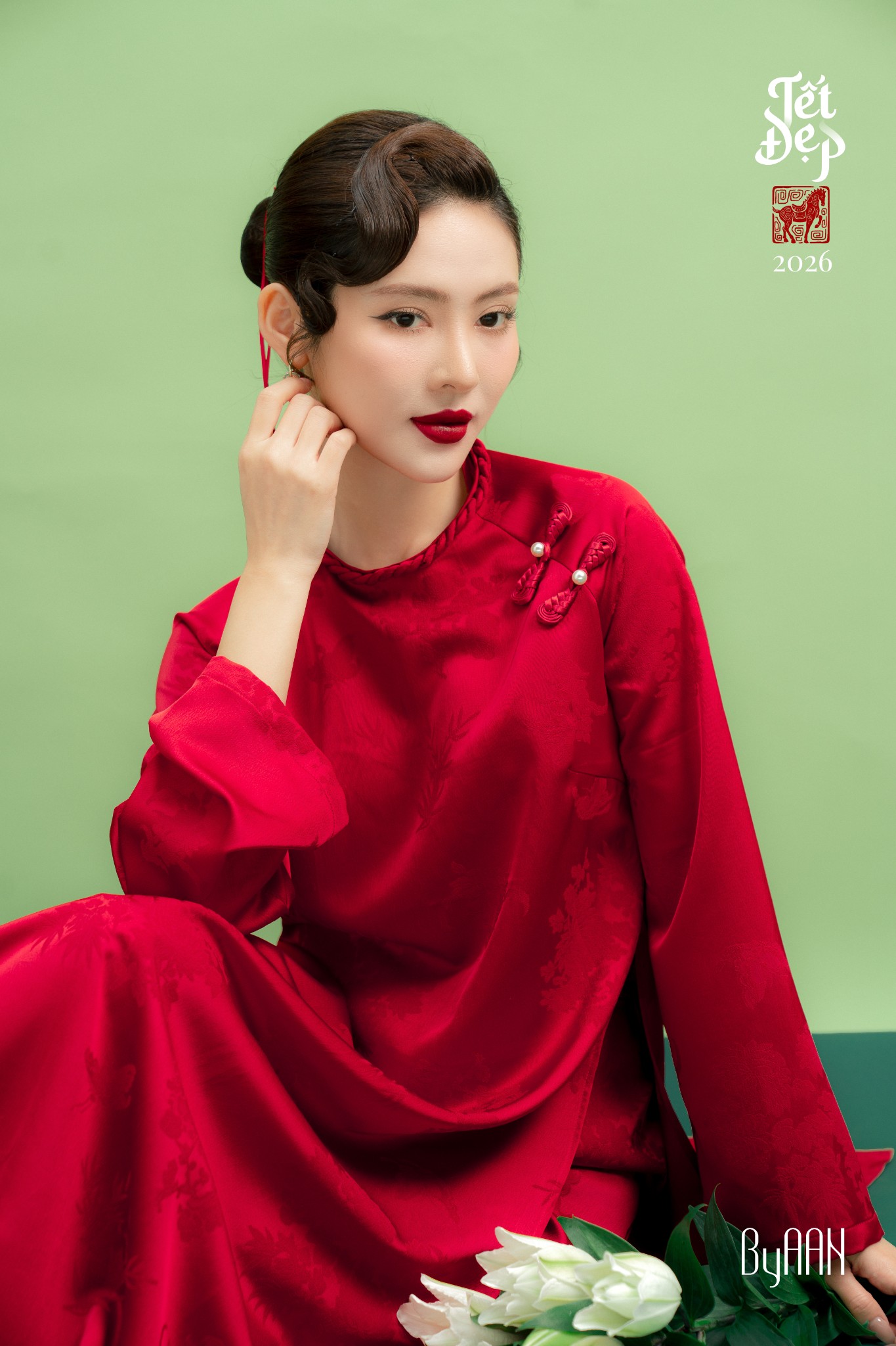 Set áo dài lụa Hàng Châu đỏ đô họa tiết hoa_thumbnail_4