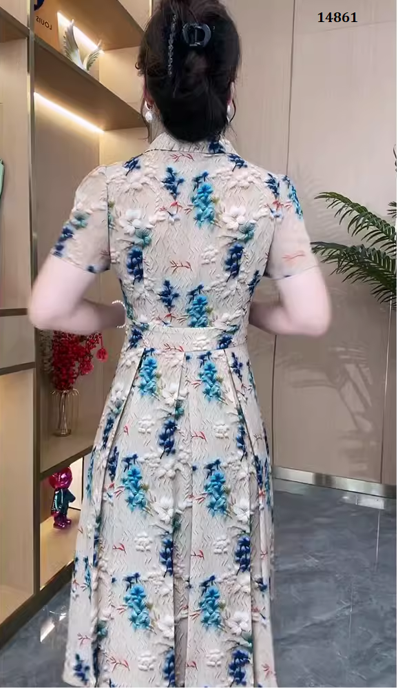 14861-Đầm xòe vạt xếp gấp in hoa xanh 3D cách điệu ( voan lụa)_thumbnail_1