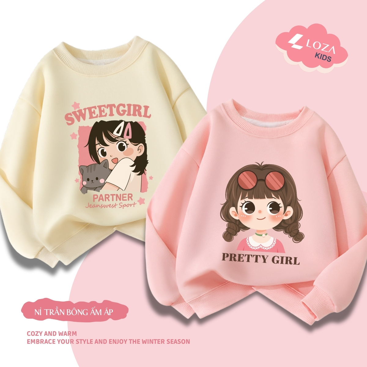 Áo sweater bé gái in hình SWEET GIRL, PRETTY GIRL -  Loza Kids IN003
