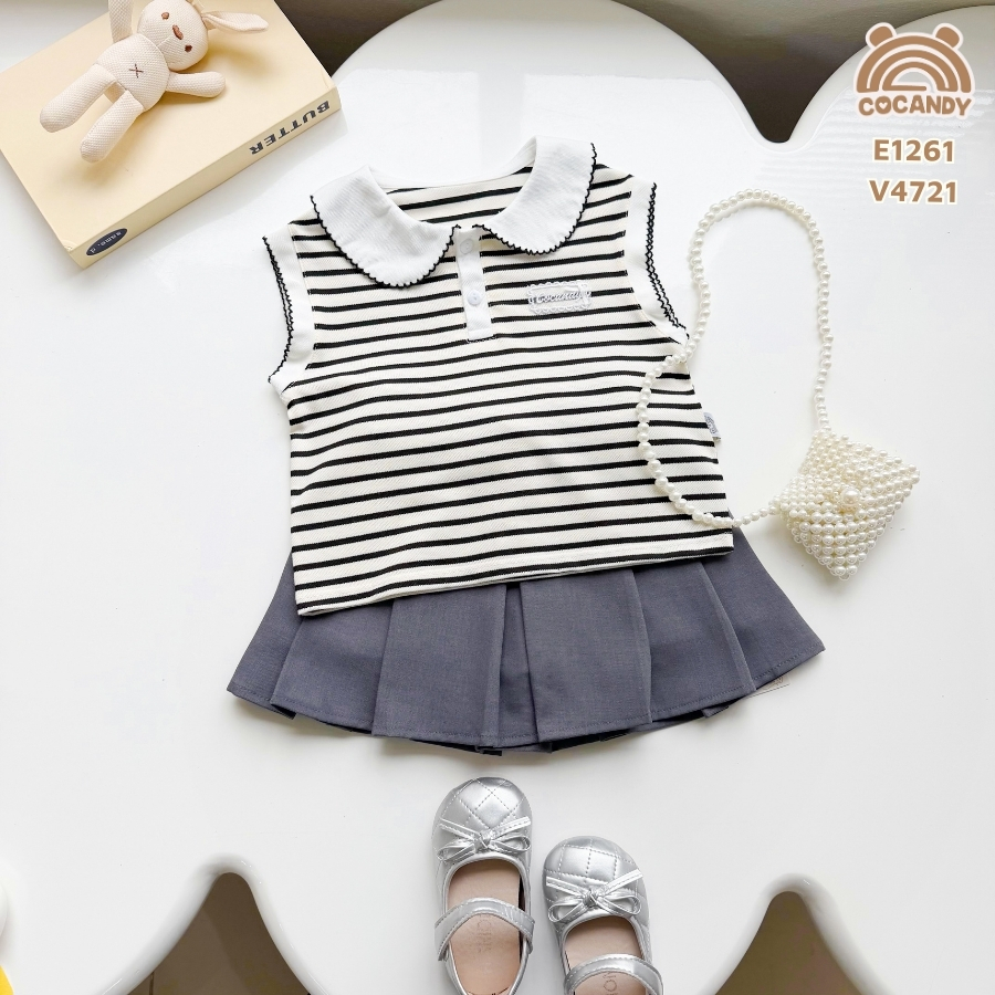 Áo cộc polo thun kẻ ĐEN đính thỏ tay hến