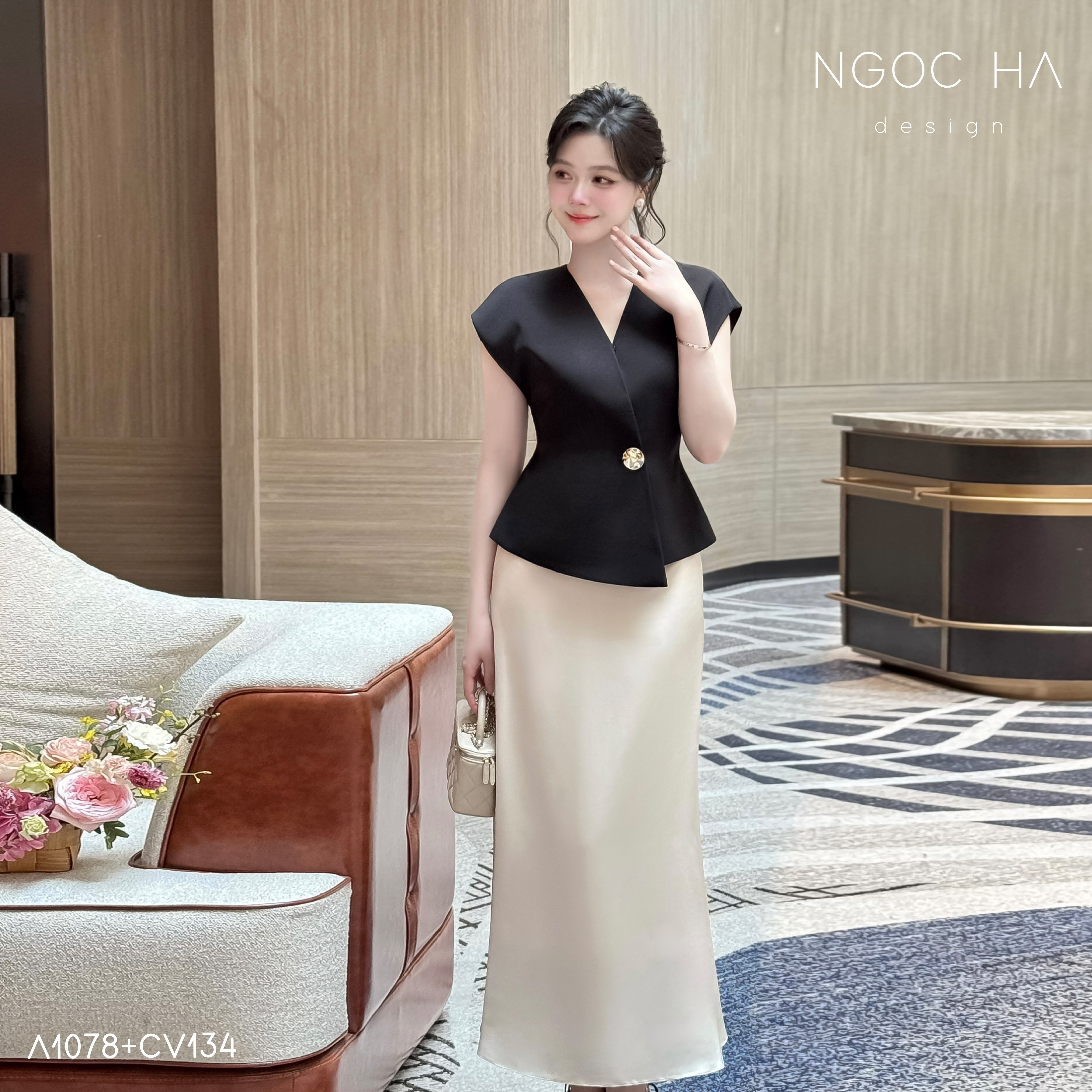 Diva Set_ Áo Rớt Vai Cổ V, Chân Váy Lụa Đuôi Cá A1078+CV134