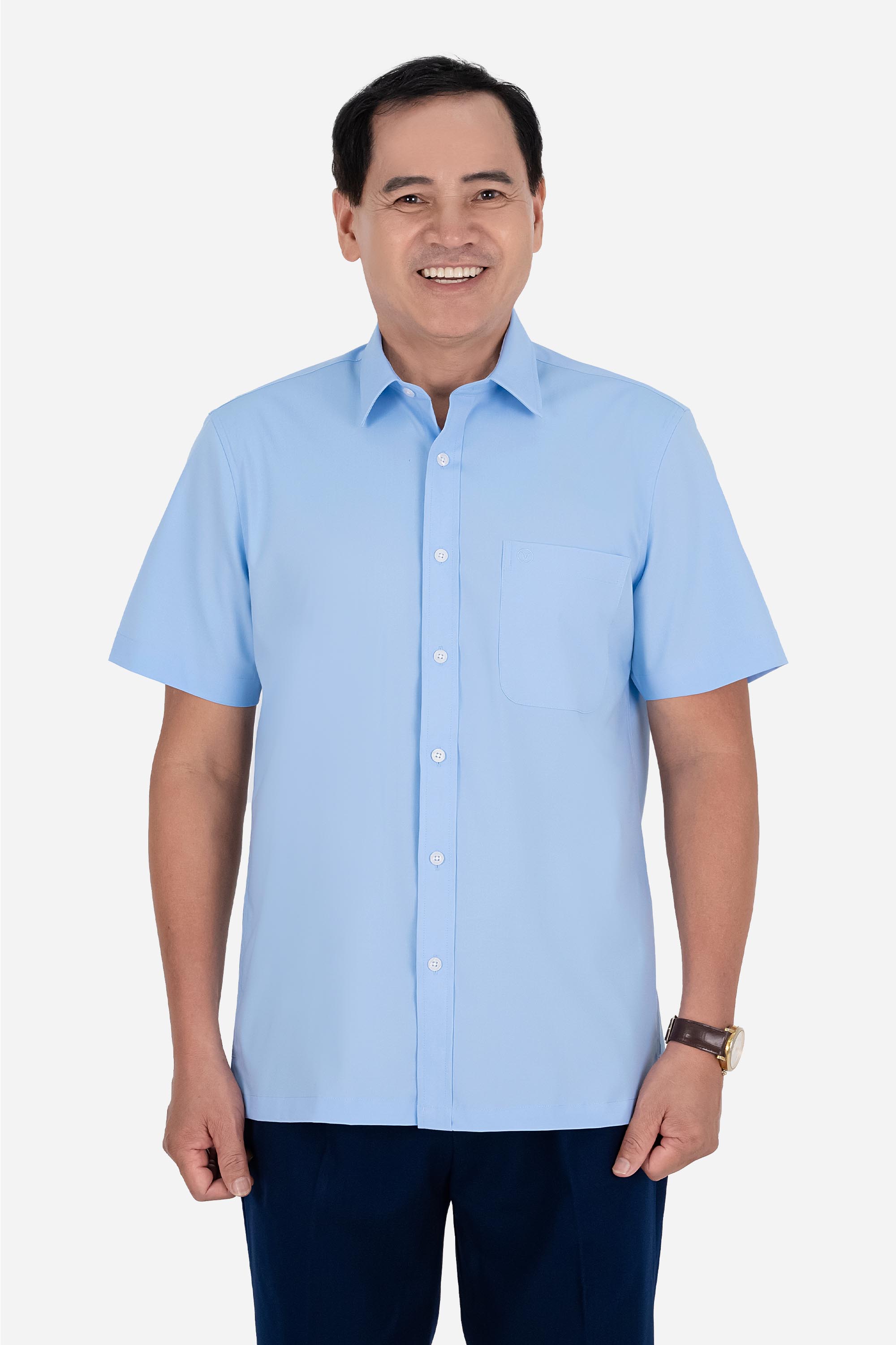 Áo Sơ Mi Trơn Cộc Tay Nam Trung Niên ANCHI Chất Liệu Sợi Gỗ Thoáng Mát Màu Xanh Lơ