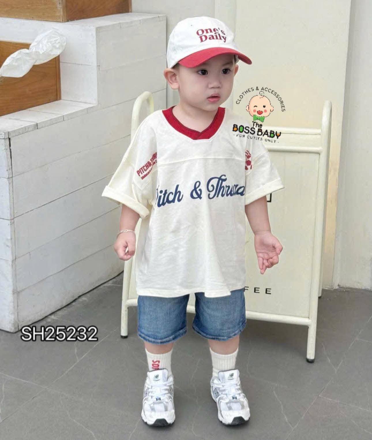 Set bộ jean trắng xanh cổ viền đỏ Pitch