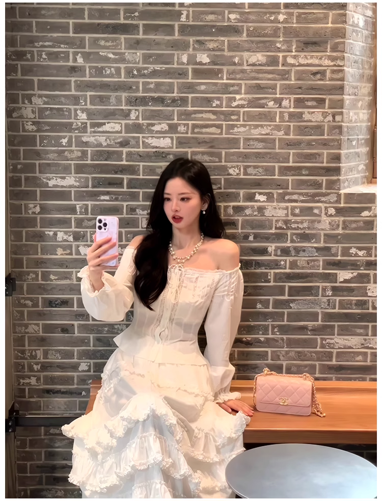 16585-Set áo dài tay bẹt vai kèm chân váy bèo tầng trắng ( lụa)