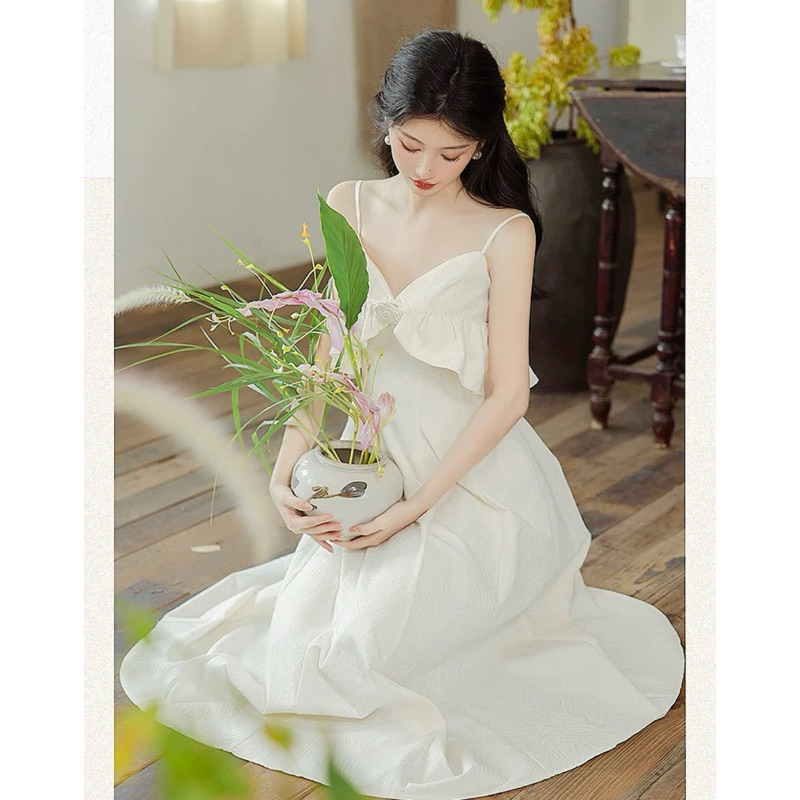 Váy đi tiệc cánh tiên màu trắng dáng dài, váy trắng dáng dài mặc 4 kiểu Logastore_L119