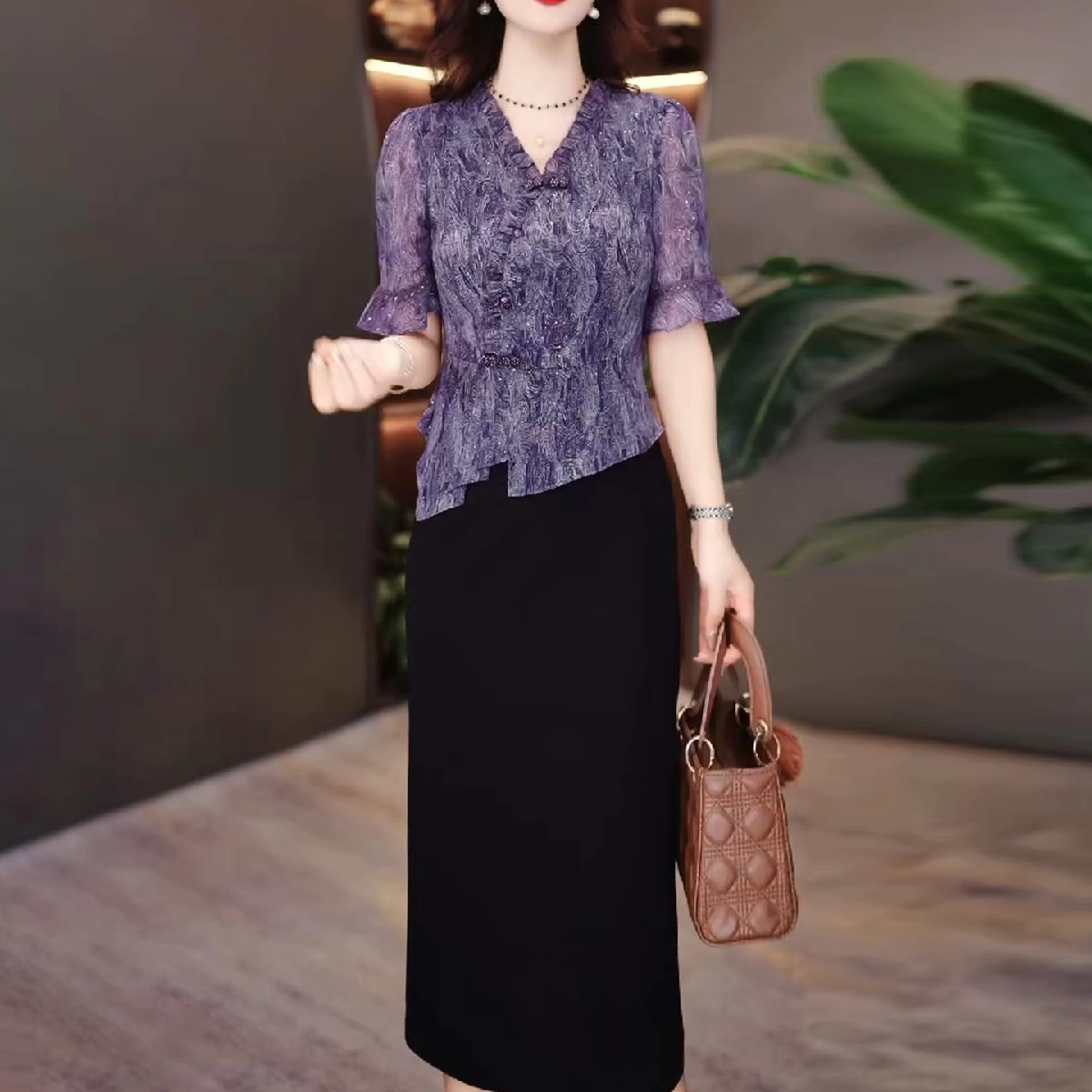 17767-Đầm body suông dáng peplum voan hoa tay lở  cách điệu (voan, lụa)