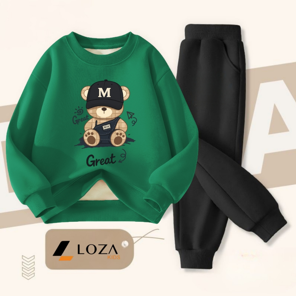 Set bộ nỉ bé trai in hình Gấu đội mũ M - Loza Kids BI481_thumbnail_0