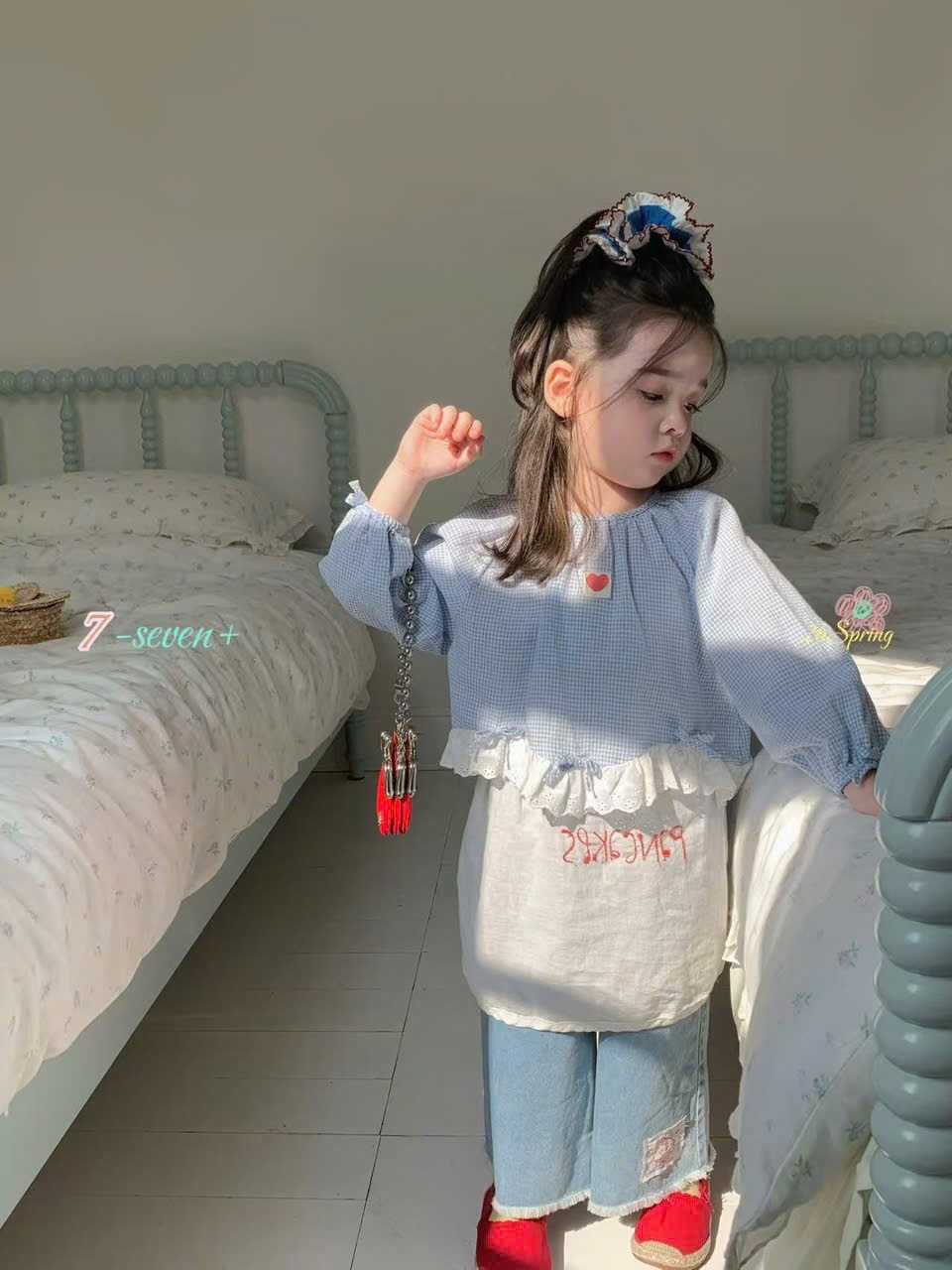 (H7) Áo thô dài tay caro xanh thêu tim đỏ Seven_thumbnail_0