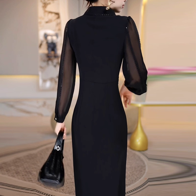 18159-Đầm body suông đen phối tay voan dài viền ren ( lụa , voan, lót)_thumbnail_1