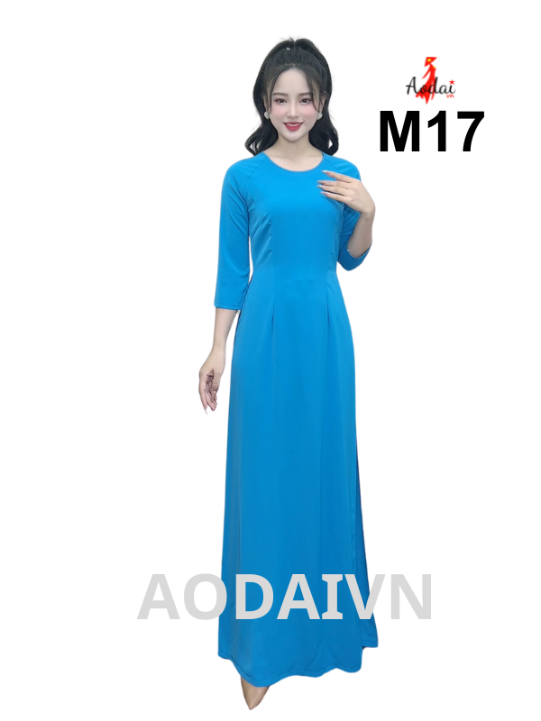 M17 Áo dài lụa Mỹ màu xanh Elai cổ tròn tay lỡ