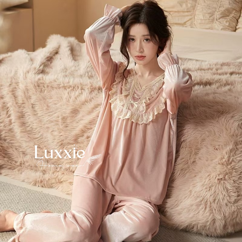 NHUNG34 Bộ ngủ nhung cổ ren trắng đính nơ_thumbnail_7