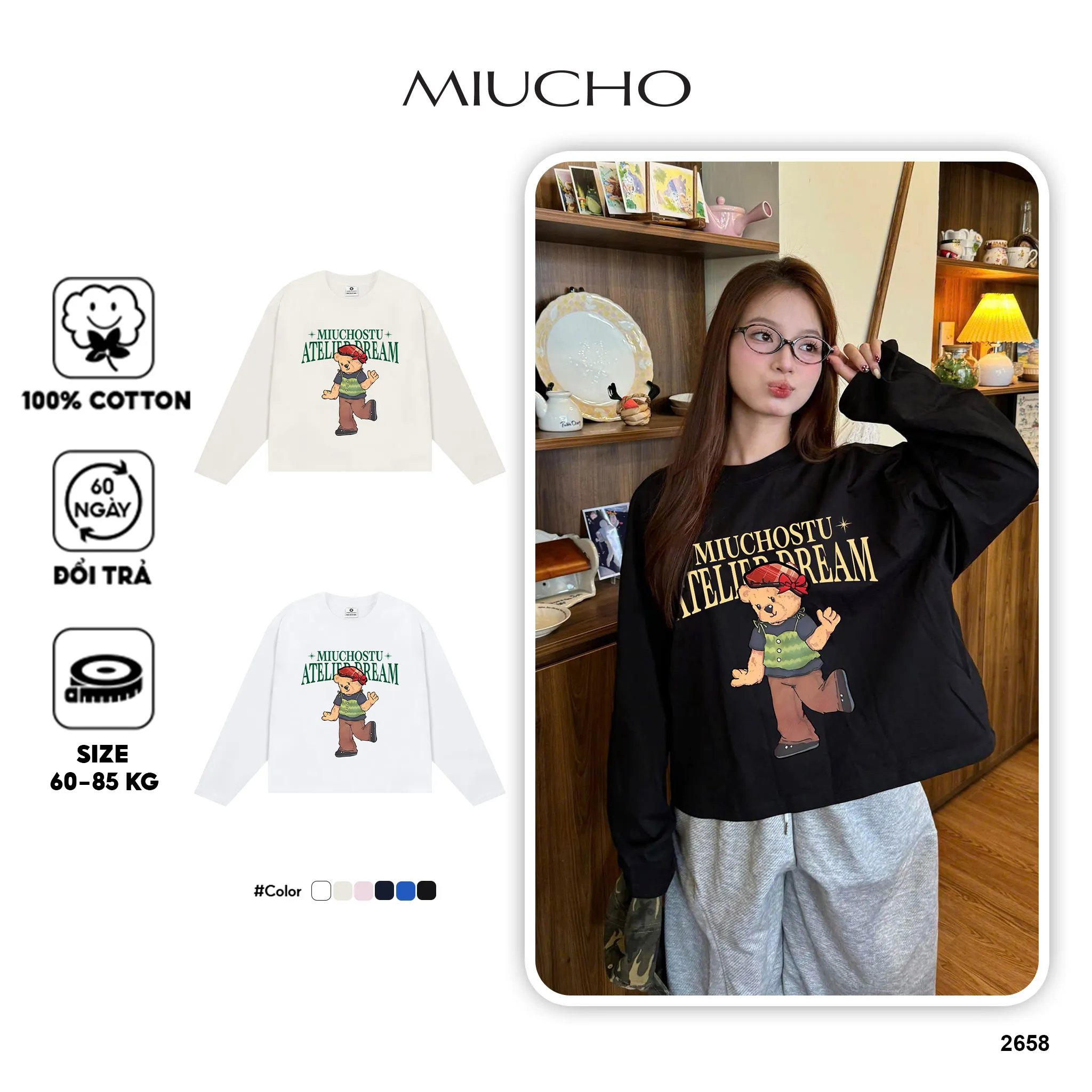 Áo thun boxy unisex Miucho tay dài cổ tròn vải cotton thoáng mát dày dặn hình gấu bông in mix 2658
