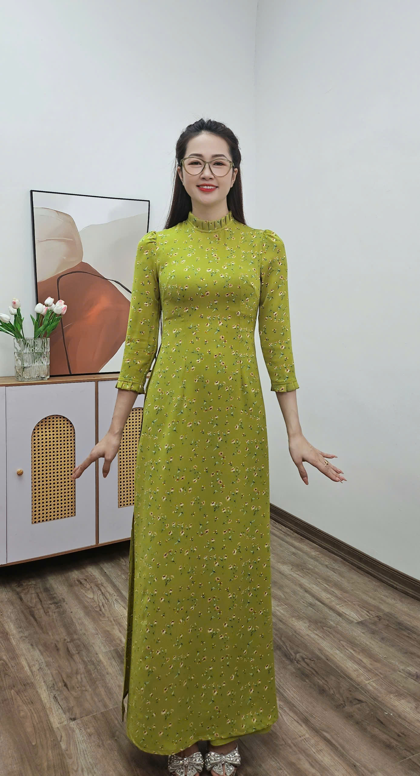 A2892 áo dài cổ xếp li tay bồng lụa mango xanh cốm hoa nhí_thumbnail_1