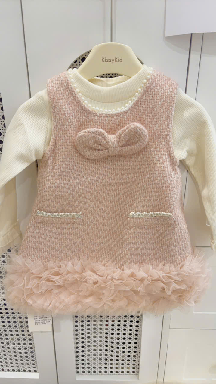 (V67) Váy dạ hồng đính nơ viền voan kèm áo giữ nhiệt trắng_thumbnail_0