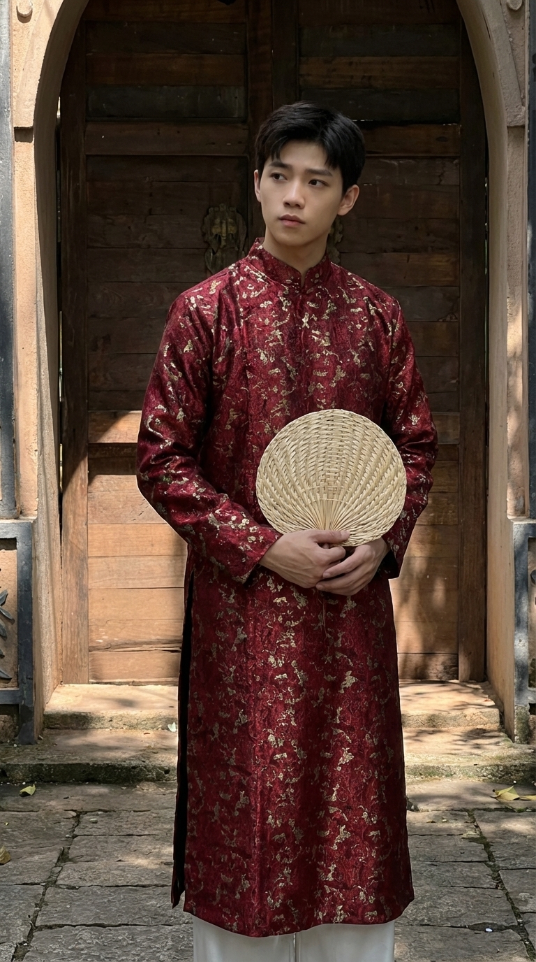 Áo Dài Nam Đỏ Đô Gấm Họa Tiết Truyền Thống