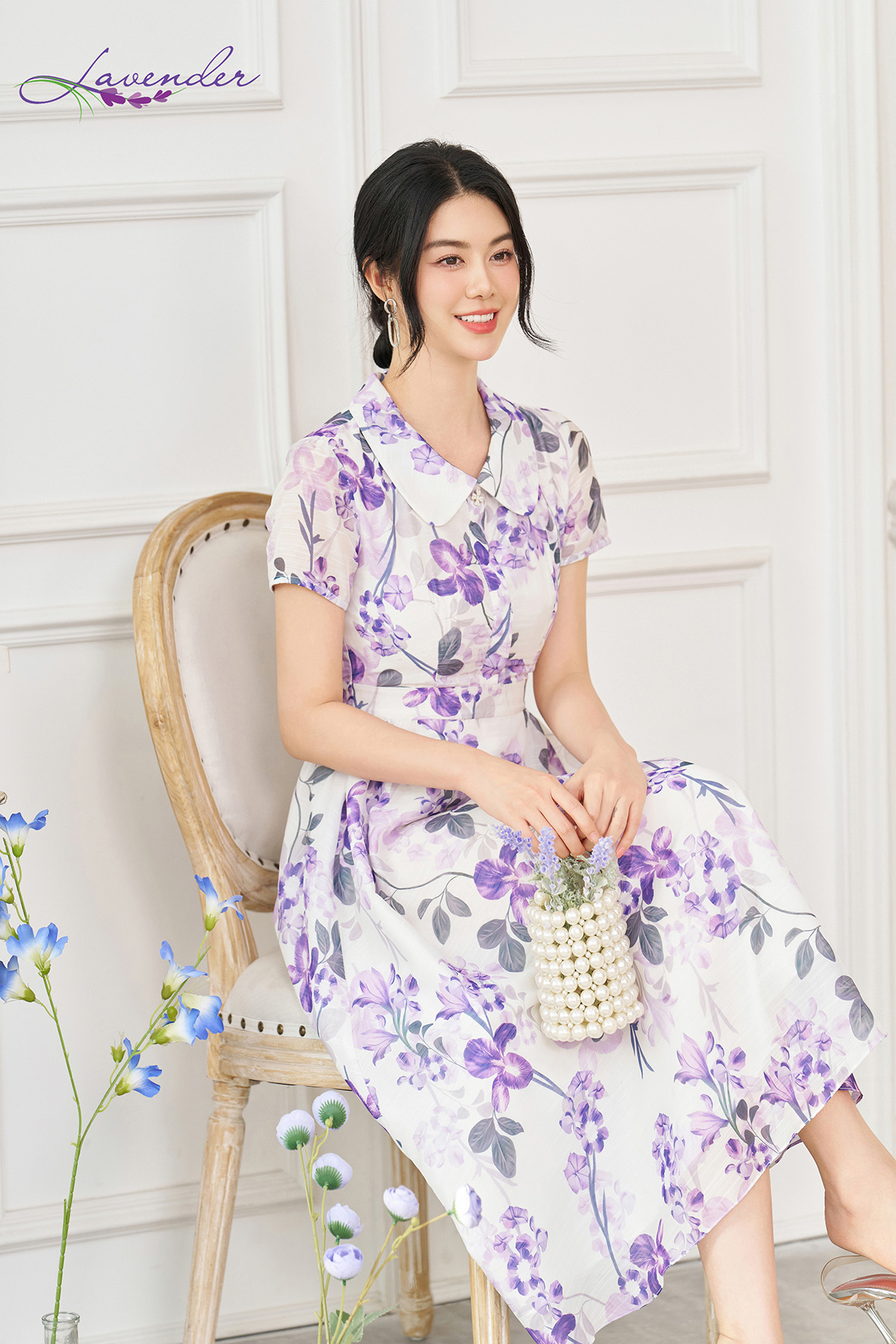 Đầm hoa tím dáng xòe cổ sen tay ngắn D3080_thumbnail_2